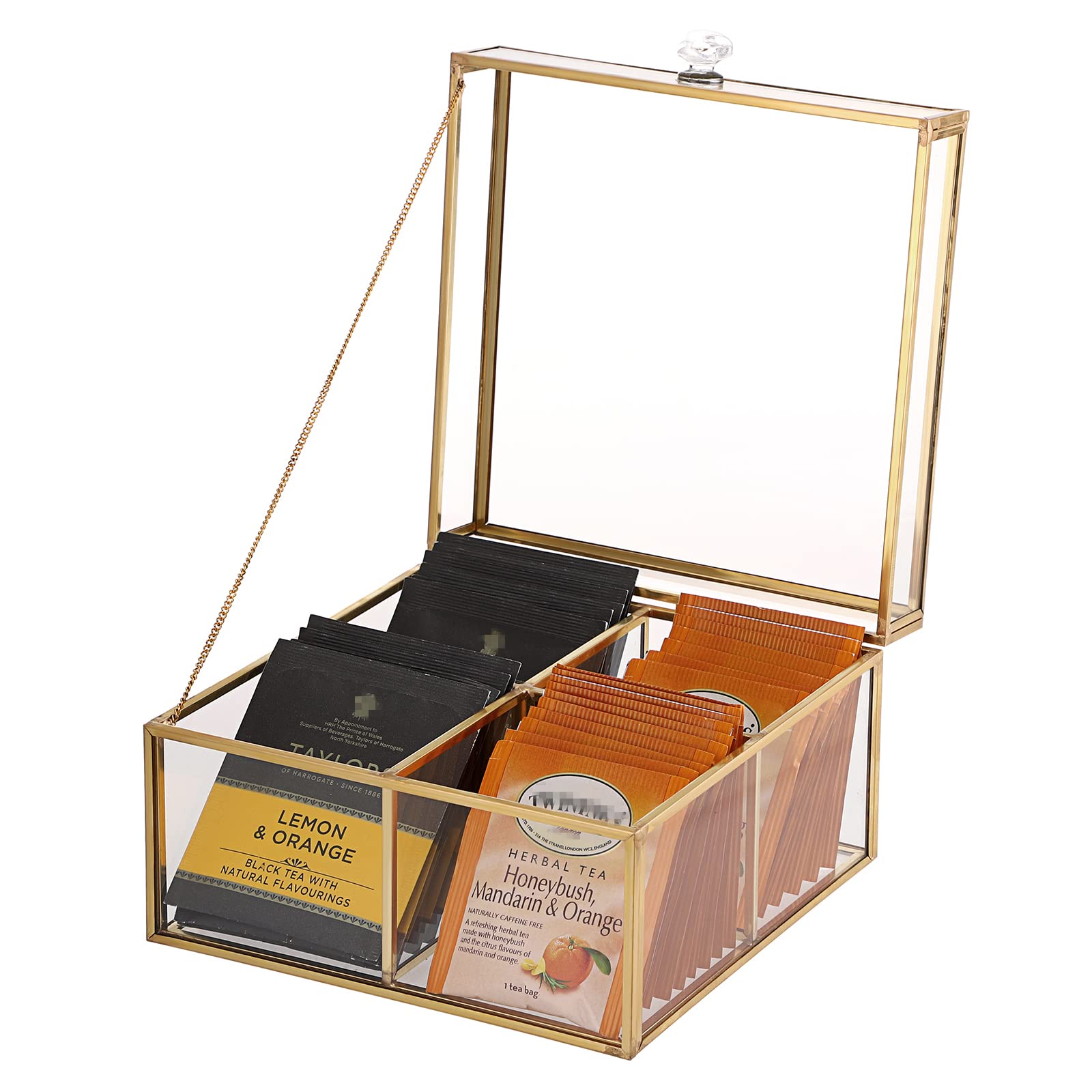 ELLDOO Gold Glass Tea Bags Storage Box with Lid - 4 Compartment Jewelry Organizer for Makeup Sponges, Sugar Packets, Rings & Earrings - Elegant Countertop Display for Bathroom Vanity or Dressing Table