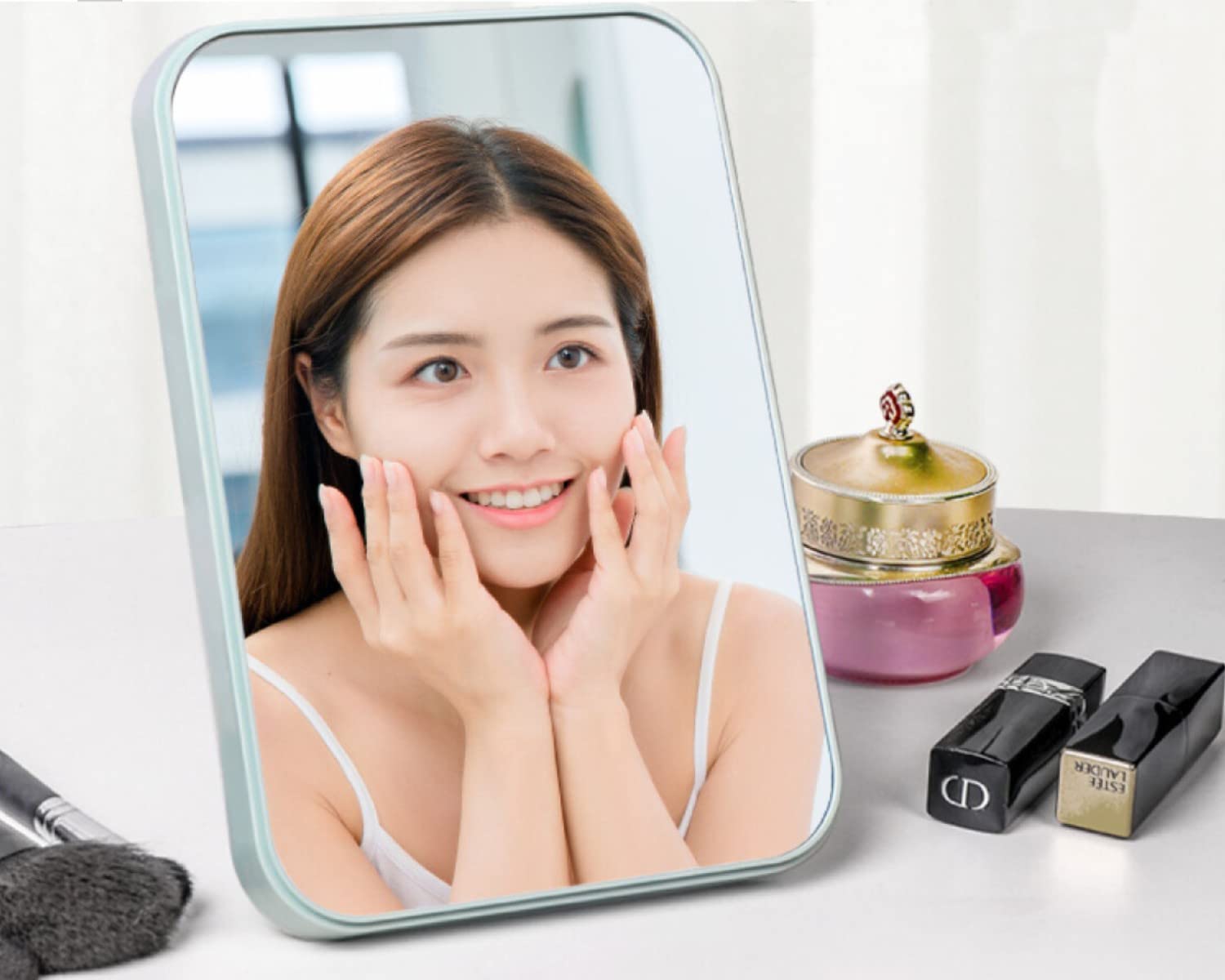Leeonz Rectangular Vanity Makeup Mirror with Folding Bracket - Adjustable Desktop Dressing Mirror with Stand for Women & Girls (Blue) | Perfect for Bedroom, Bathroom, Dorm Room & Travel Makeup Application