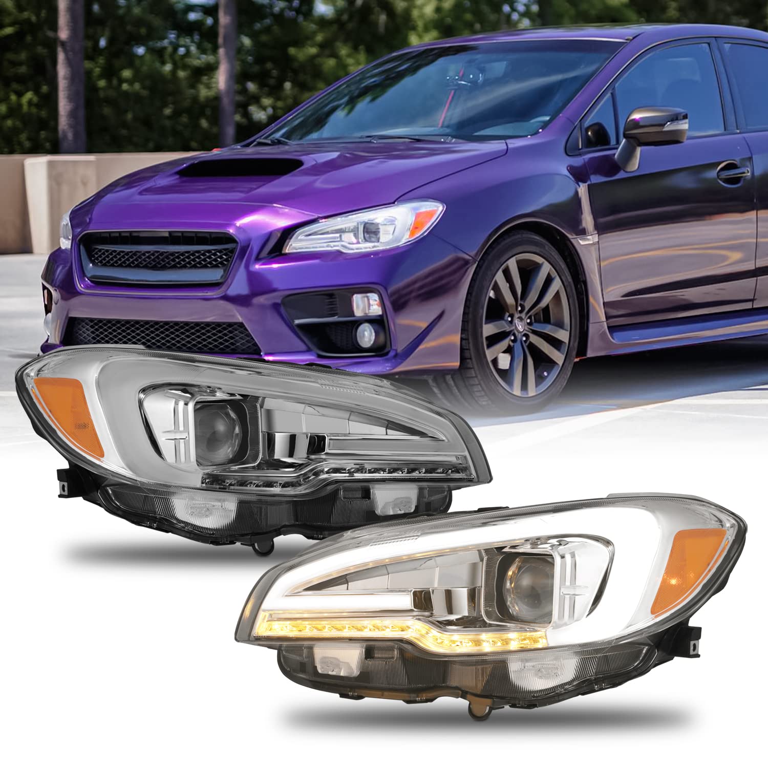 AKKON C-Shape LED DRL with Sequential Turn Signals - Compatible with 2015-2021 Subaru WRX & WRX STI - Chrome Projector Headlights for Enhanced Visibility & Style - Perfect for Night Driving & Custom Car Upgrades
