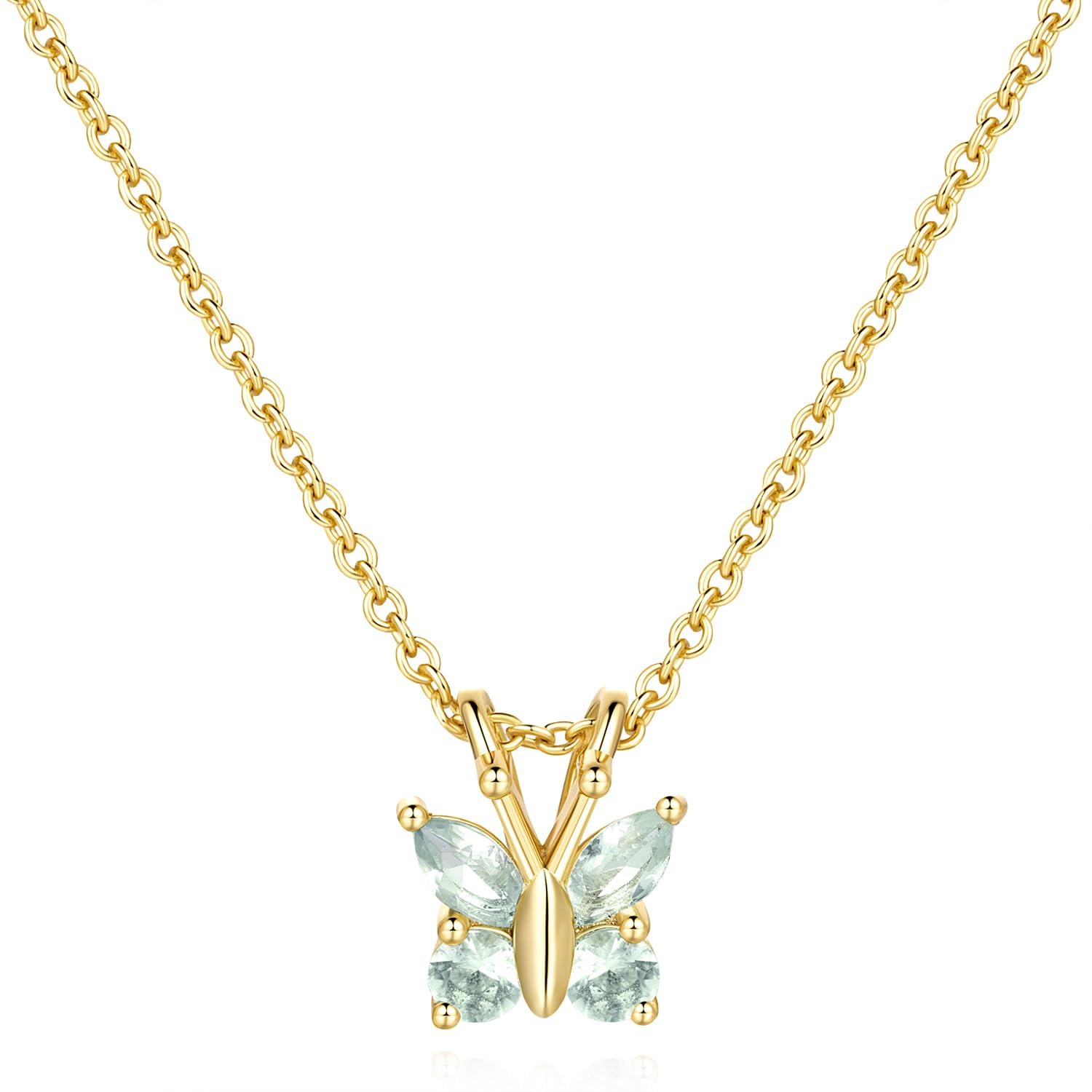 14K Gold Butterfly Pendant Necklace for Women - Dainty Lightweight Diamond Necklace with Light Blue CZ Stones | Trendy Layering Jewelry for Everyday Wear, Gift Giving & Special Occasions