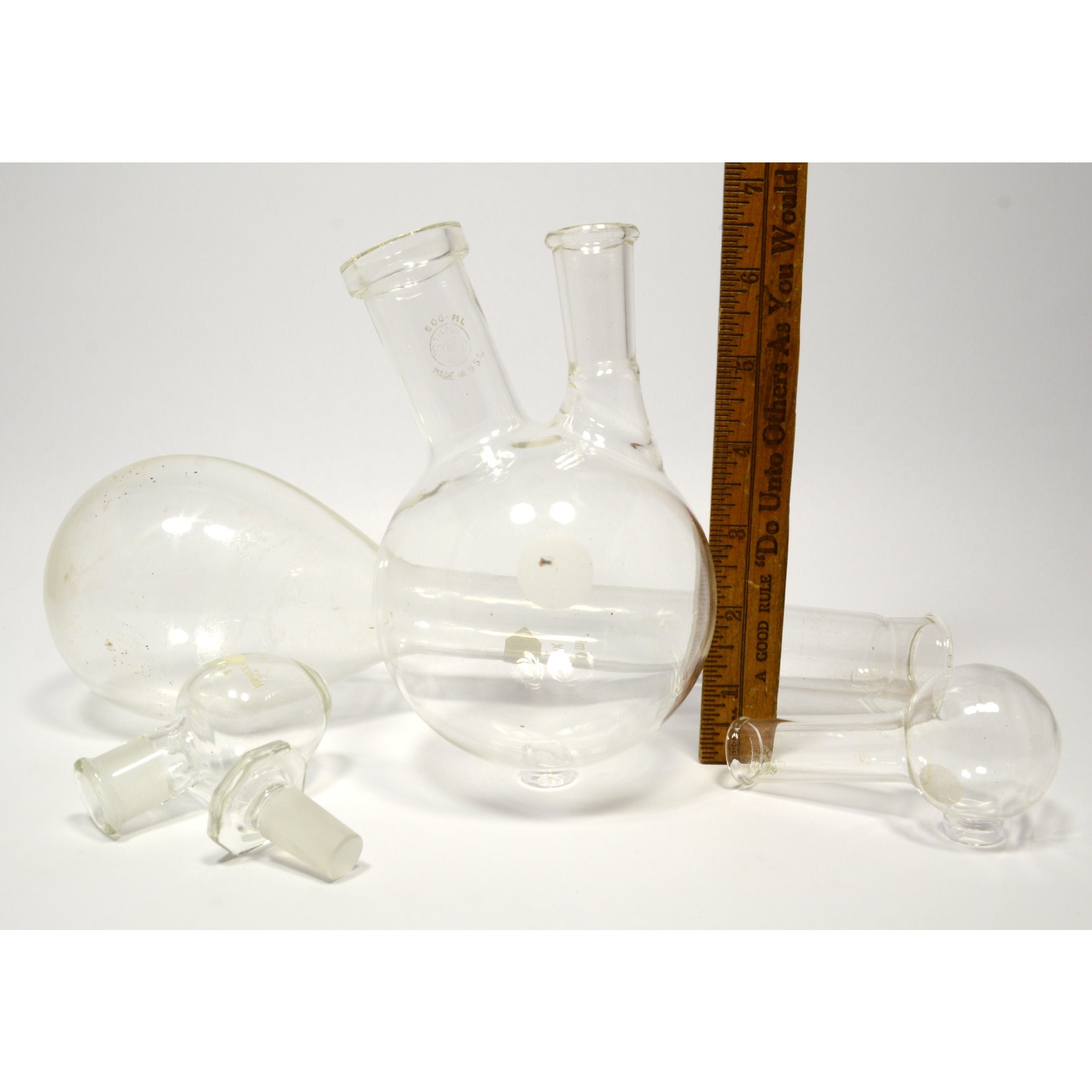 PYREX & KIMAX Lab Glassware Set of 6 Round Bottom Flasks with 2 Neck Florence - Perfect for Chemistry Experiments, Distillation & Scientific Research
