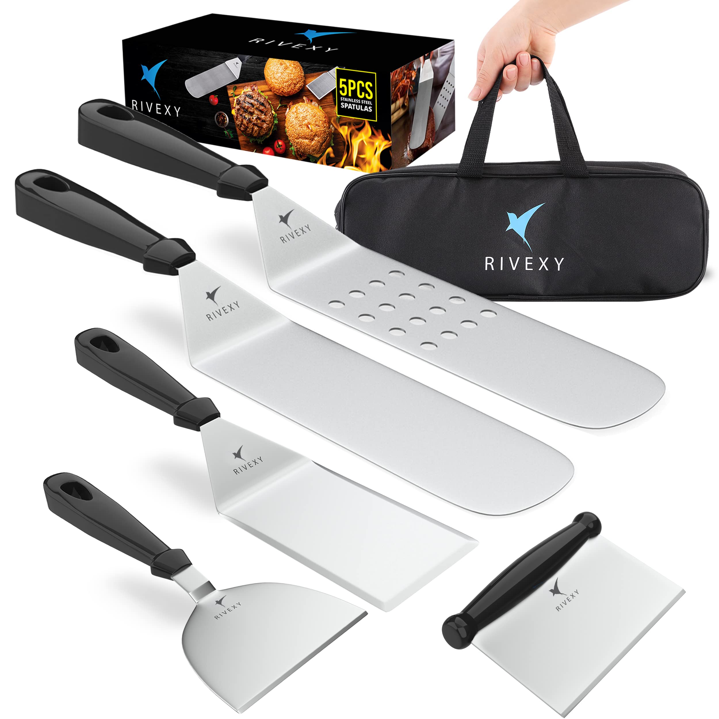 Premium 5-Piece Blackstone Grill Spatula Set - Heavy Duty Stainless Steel Griddle Tools with Scraper & Spatula for Outdoor Cooking, Camping, Backyard BBQs & Flat Top Grilling Accessories