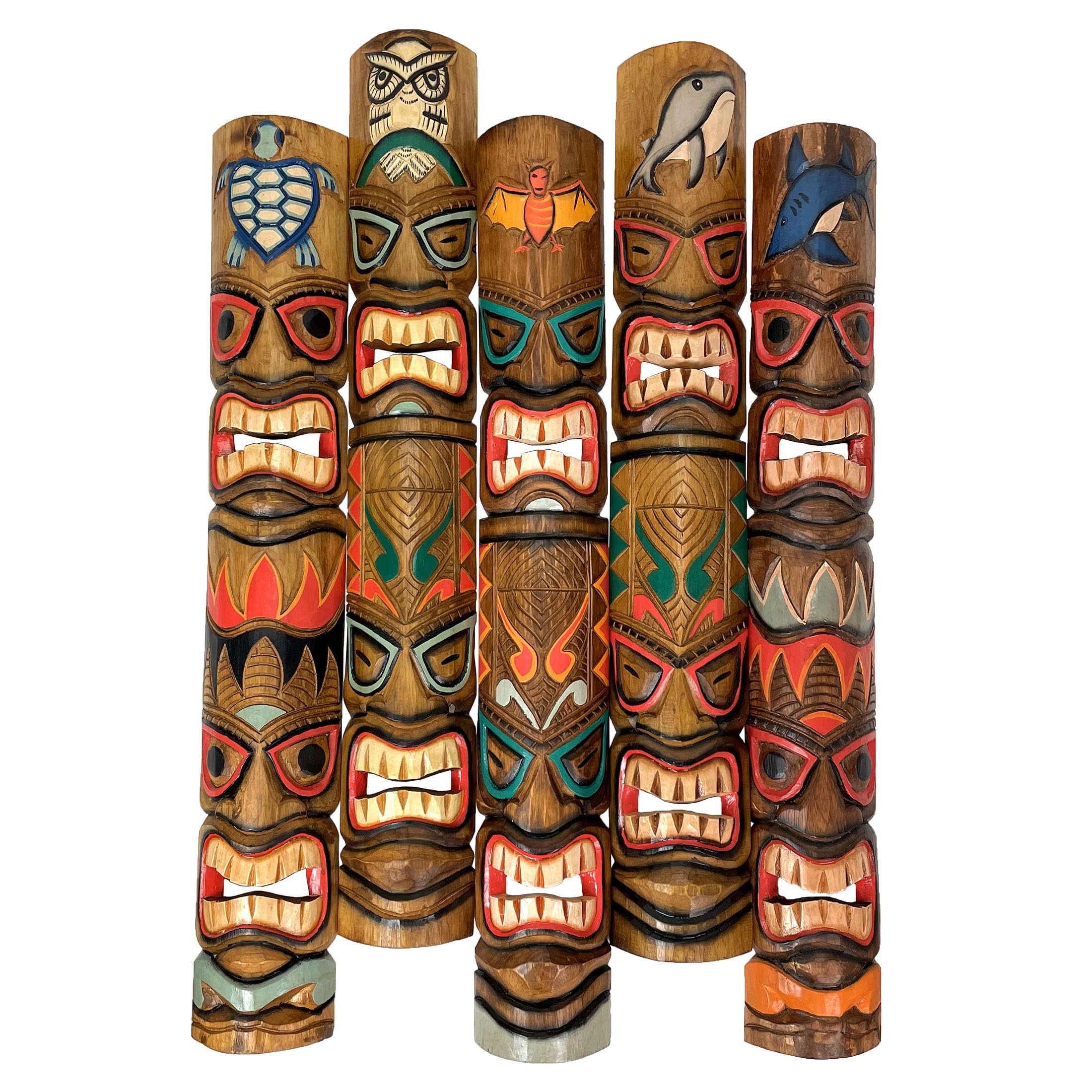Zeckos Set of 5 Hand-Carved 40-Inch Double Tiki Mask Wall Decor - Polynesian Hawaiian Artisan Wall Art for Patio, Living Room & Bar Decor | Unique Tropical Home & Office Decoration