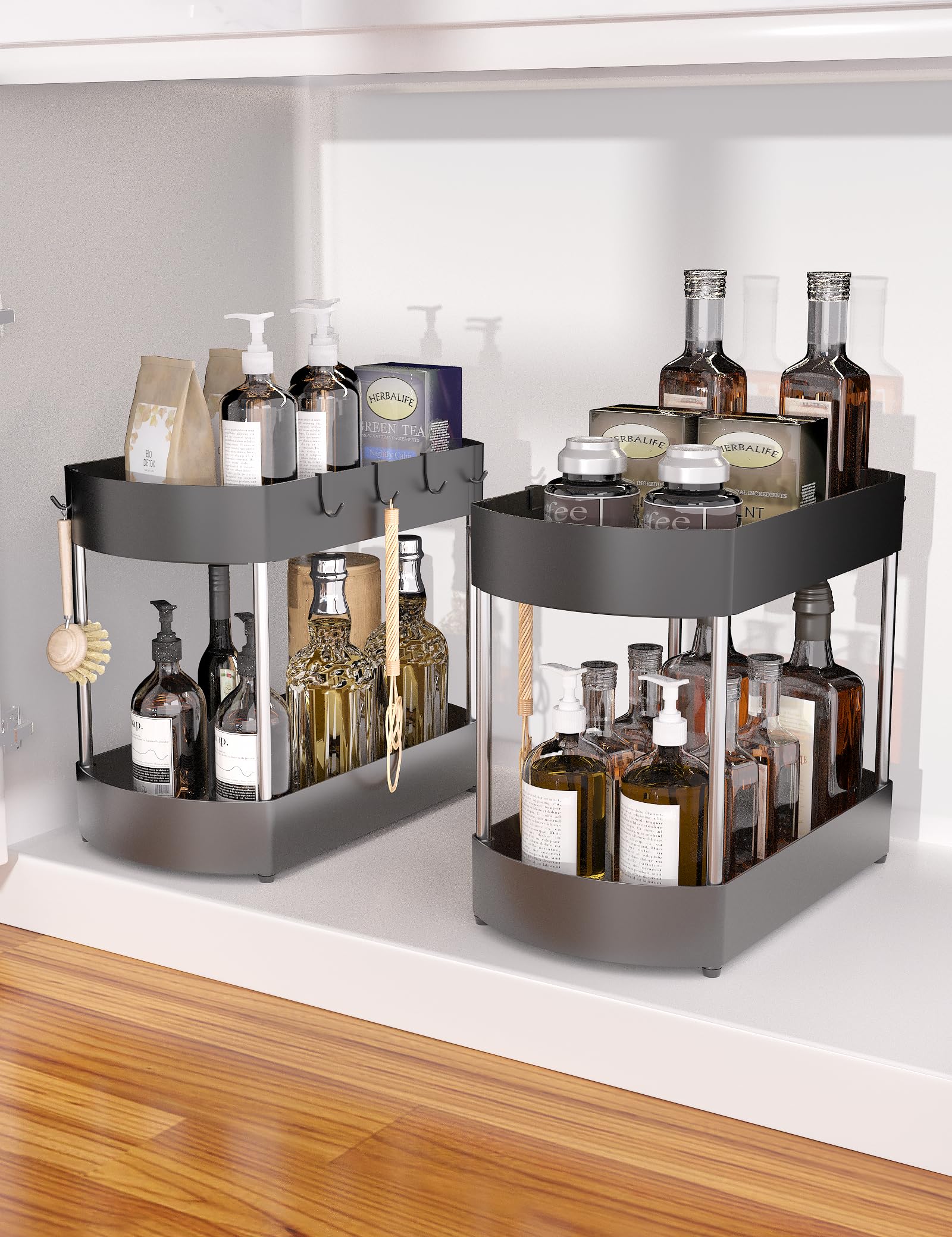 2 Pack Under Sink Organizers - Heavy Duty Kitchen & Bathroom Cabinet Storage Shelf with Enhanced Anti-Corrosion Design, Space Saving Black Organizer for Cleaning Supplies, Pots & Pans (Perfect for Small Spaces Under Sink)