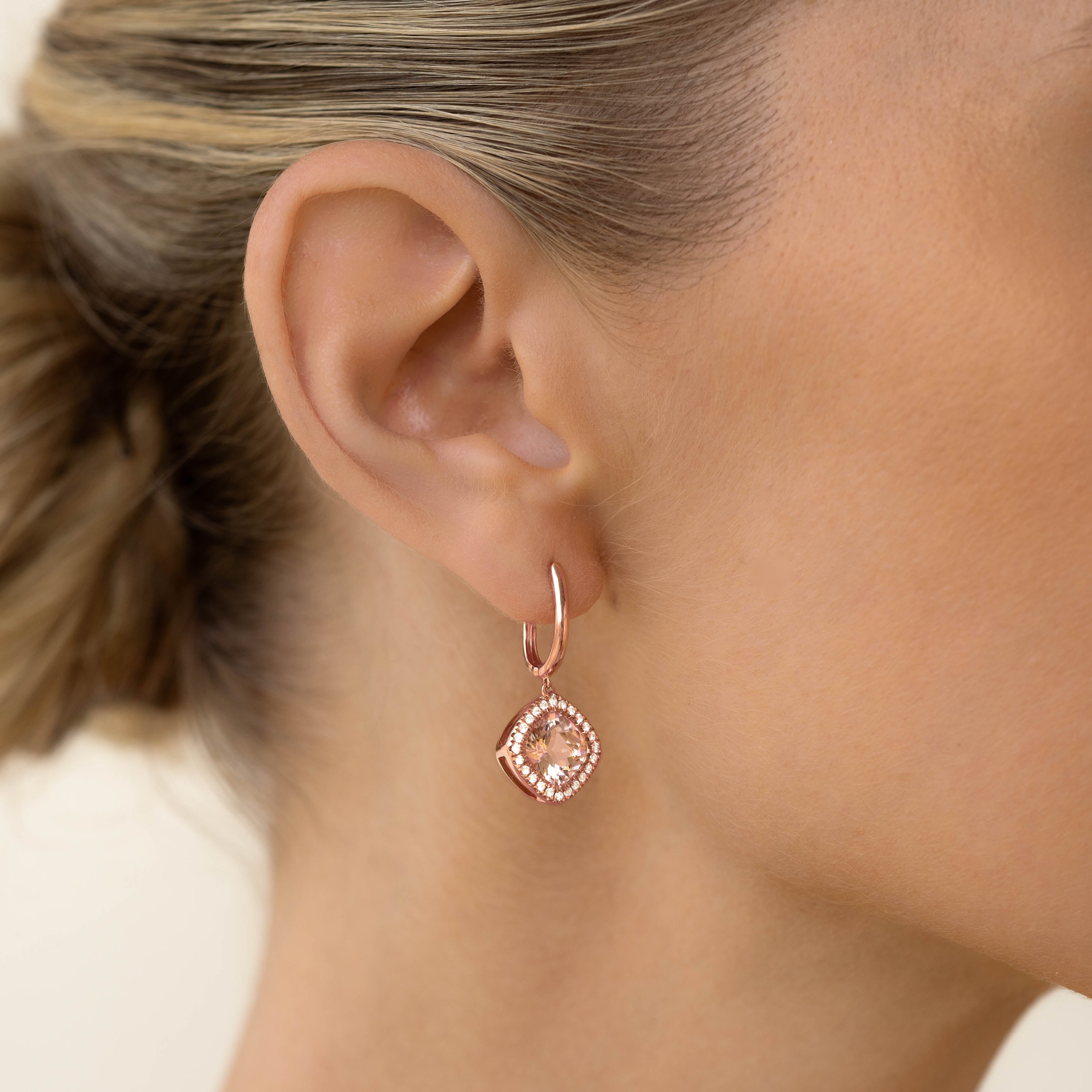 Exquisite Morganite & Diamond Halo Drop Earrings in Rose Gold - Elvira Collection | Perfect for Weddings, Anniversaries & Special Occasions