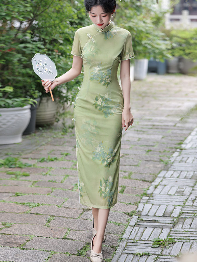 Elegant Green Floral Print Summer Cheongsam Qipao Dress - Vintage Chinese Style Dress for Women, Perfect for Weddings, Parties & Special Occasions