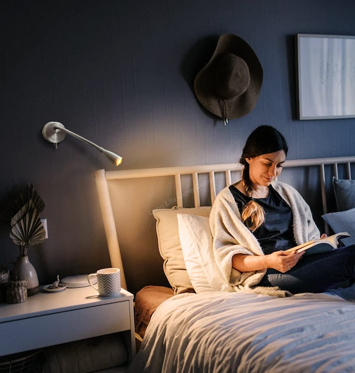 Long Life Lamp LED Bedside Reading Light - Wall Mounted, Flexible Arm, Brushed Chrome, 3000k Warm White, H3049 - Perfect for Nighttime Reading and Relaxation
