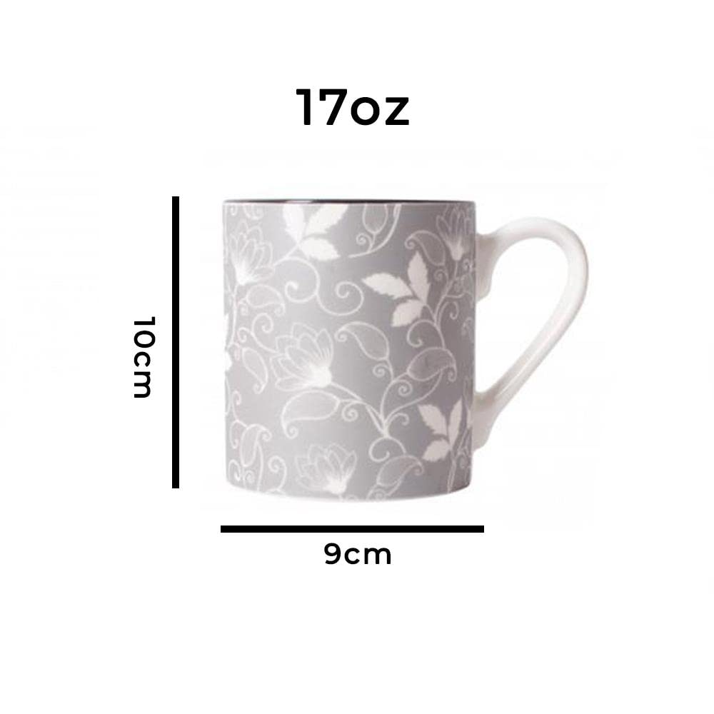 Premium Set of 4 Porcelain Bone China Coffee Mugs - 17oz Large Tea Cups with Elegant Grey & White Floral Geometric Design - Perfect for Home, Office, Gifts & Afternoon Tea Parties