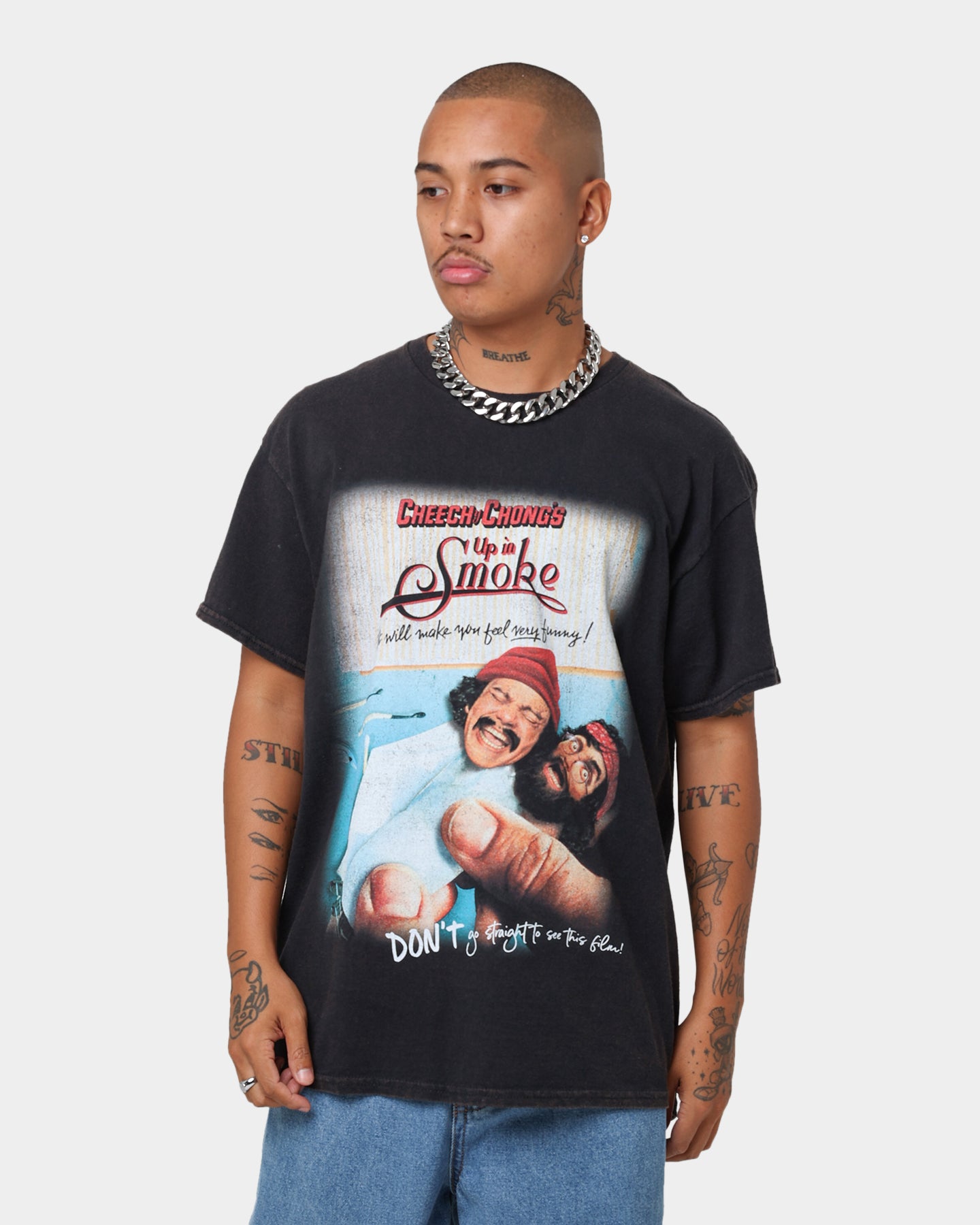 Vintage Cheech & Chong Movie Poster T-Shirt - American Thrift X 420 Washed Black Tee - Perfect for 420 Celebrations, Stoner Gifts & Retro Fashion Lovers