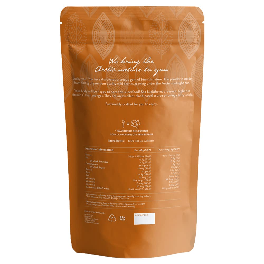 Premium Organic Sea Buckthorn Powder - Rich in Omega 3 6 7 9 Fatty Acids & Vitamin C - Cold-Pressed Sea Buckthorn Oil - Freeze Dried Whole Berries - Sustainably Grown in Finland - 15oz (5 Pack) - Perfect for Smoothies, Skin Care & Immune Support