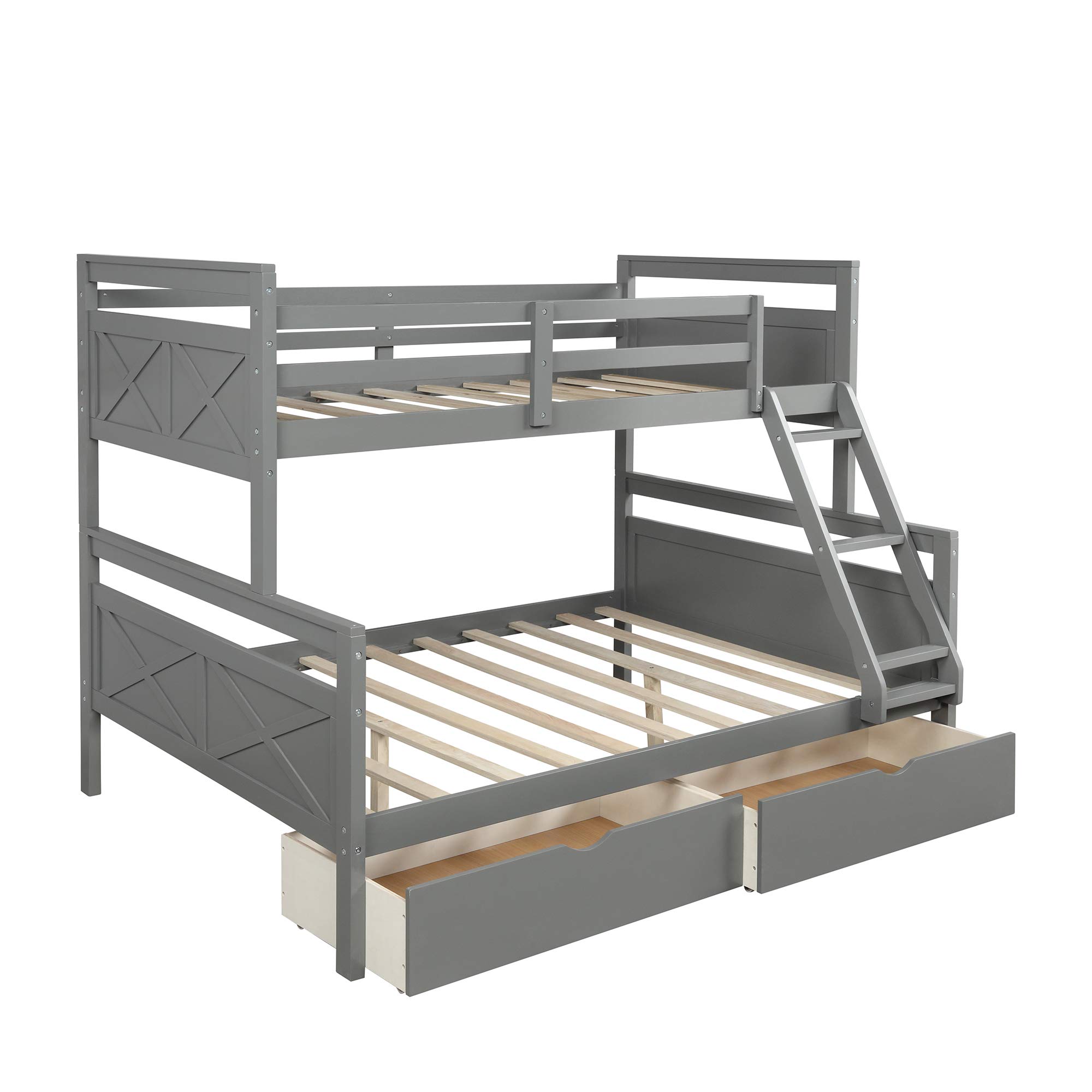 P PURLOVE Twin Over Full Bunk Bed with Storage Drawer & Ladder - Convertible Wooden Bunk Bed Frame for Kids, Teens & Guest Rooms - Space-Saving Bedroom & Living Room Furniture Solution