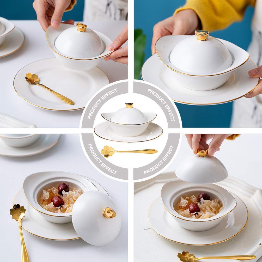 DOITOOL Ceramic Soup Bowl with Lid - 16oz Porridge Bowl with Spoon, Sauce Dish & Steaming Egg Cup - Microwave & Oven Safe for Noodles, Oatmeal, Desserts - Perfect for Home, Kitchen & Restaurant Use