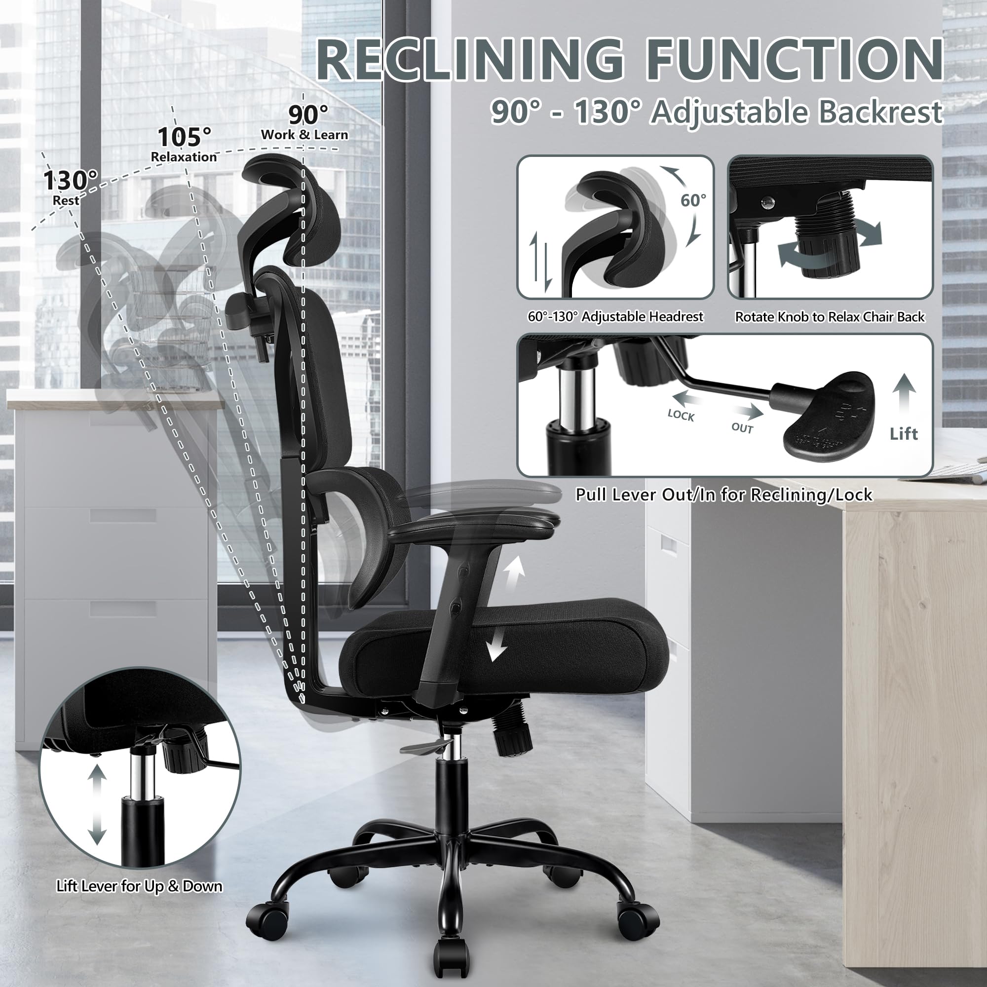 Winrise Ergonomic Office Chair - High Back Mesh Computer Desk Chair with Lumbar Support & Adjustable Armrests, Big and Tall Reclining Gaming Chair for Home Office, Work, and Study (Black)