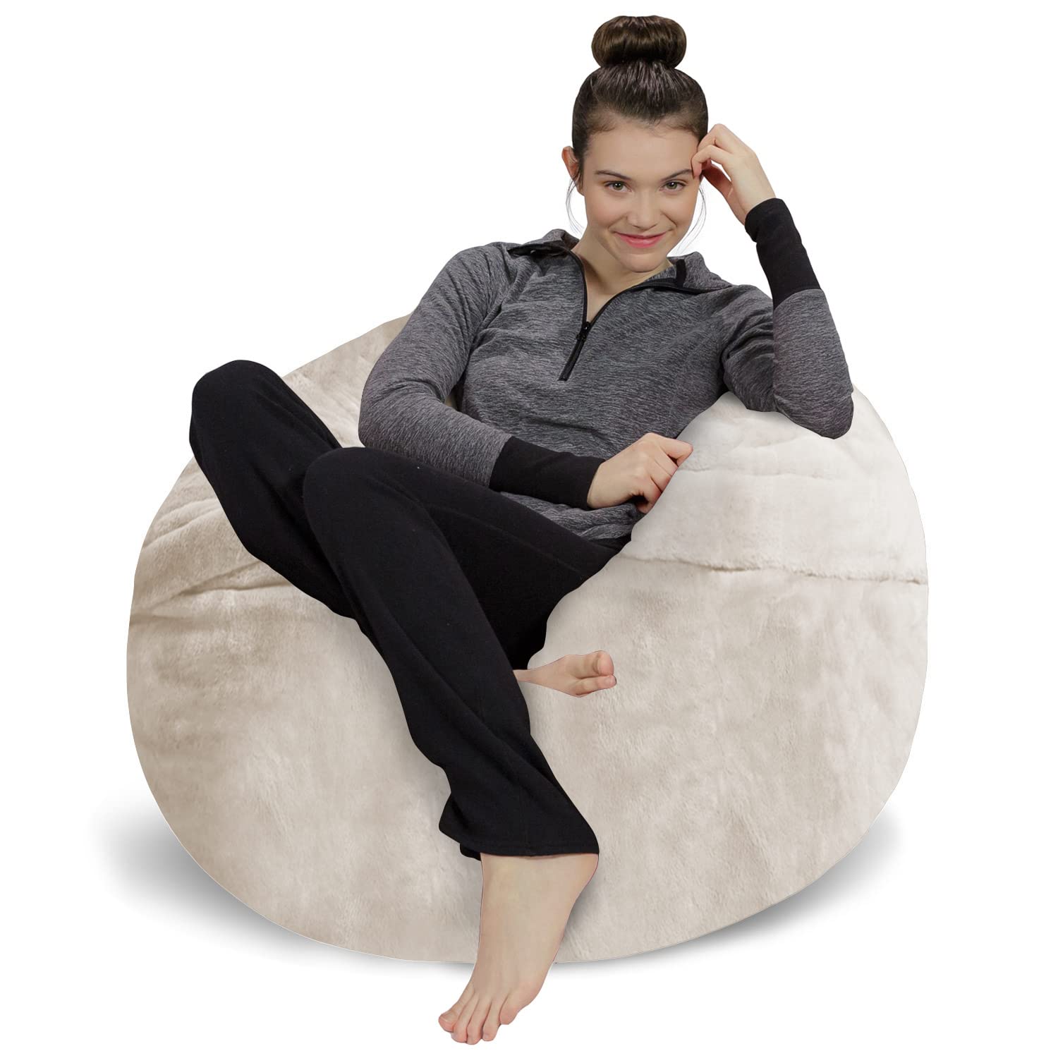 Ultra Soft Plush Sofa Sack Bean Bag Chair with Memory Foam & Faux Rabbit Fur Cover - 3 Feet Cream Filled Foam Furniture for Dorm Room, Living Room & Game Room - Cozy Seating for Relaxing, Lounging & Gaming
