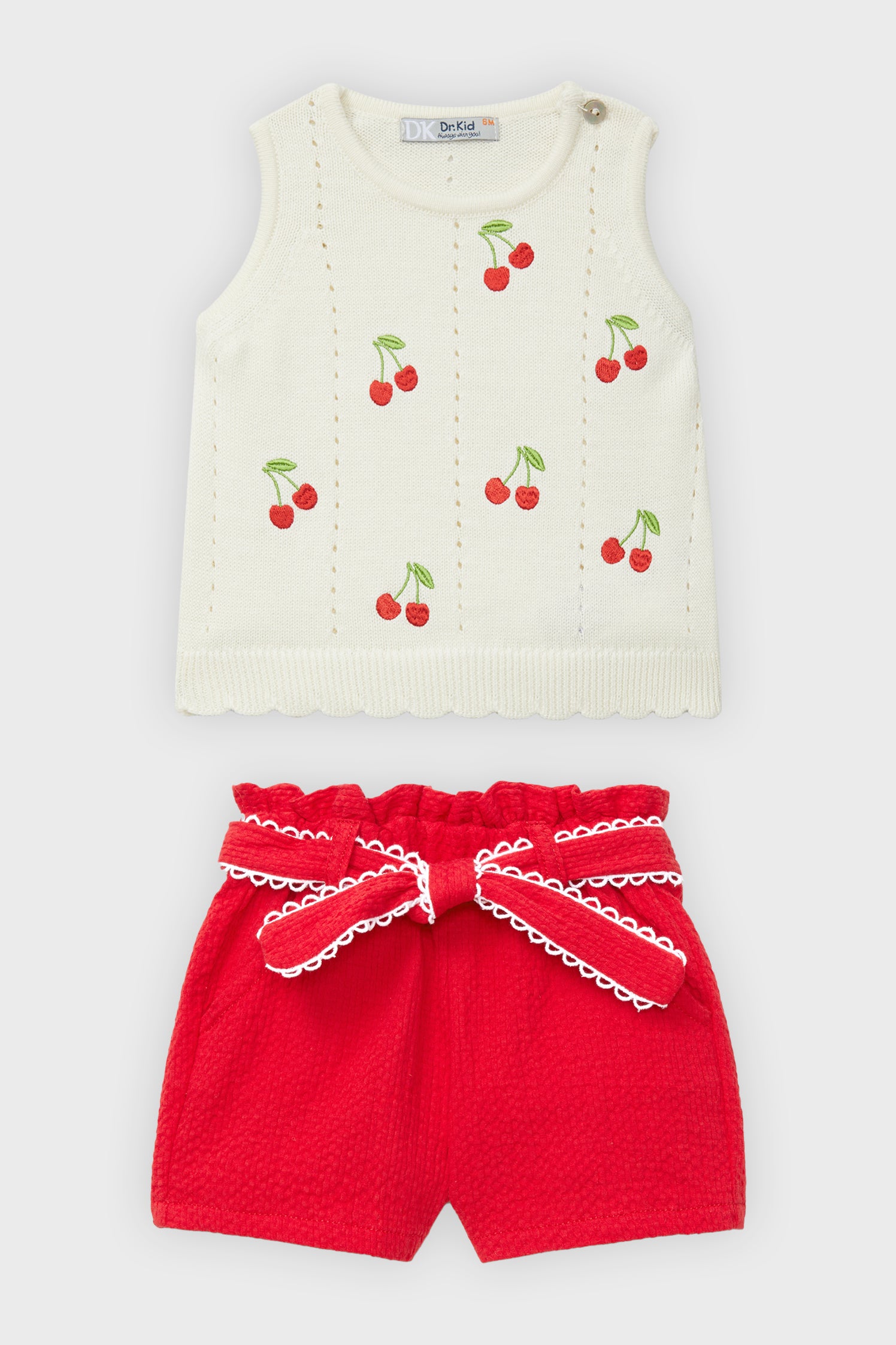 Stylish Cream & Red Knit Cherry Print Top & Shorts Set - Trendy Summer Outfit for Women | Perfect for Beach, Picnic & Casual Wear