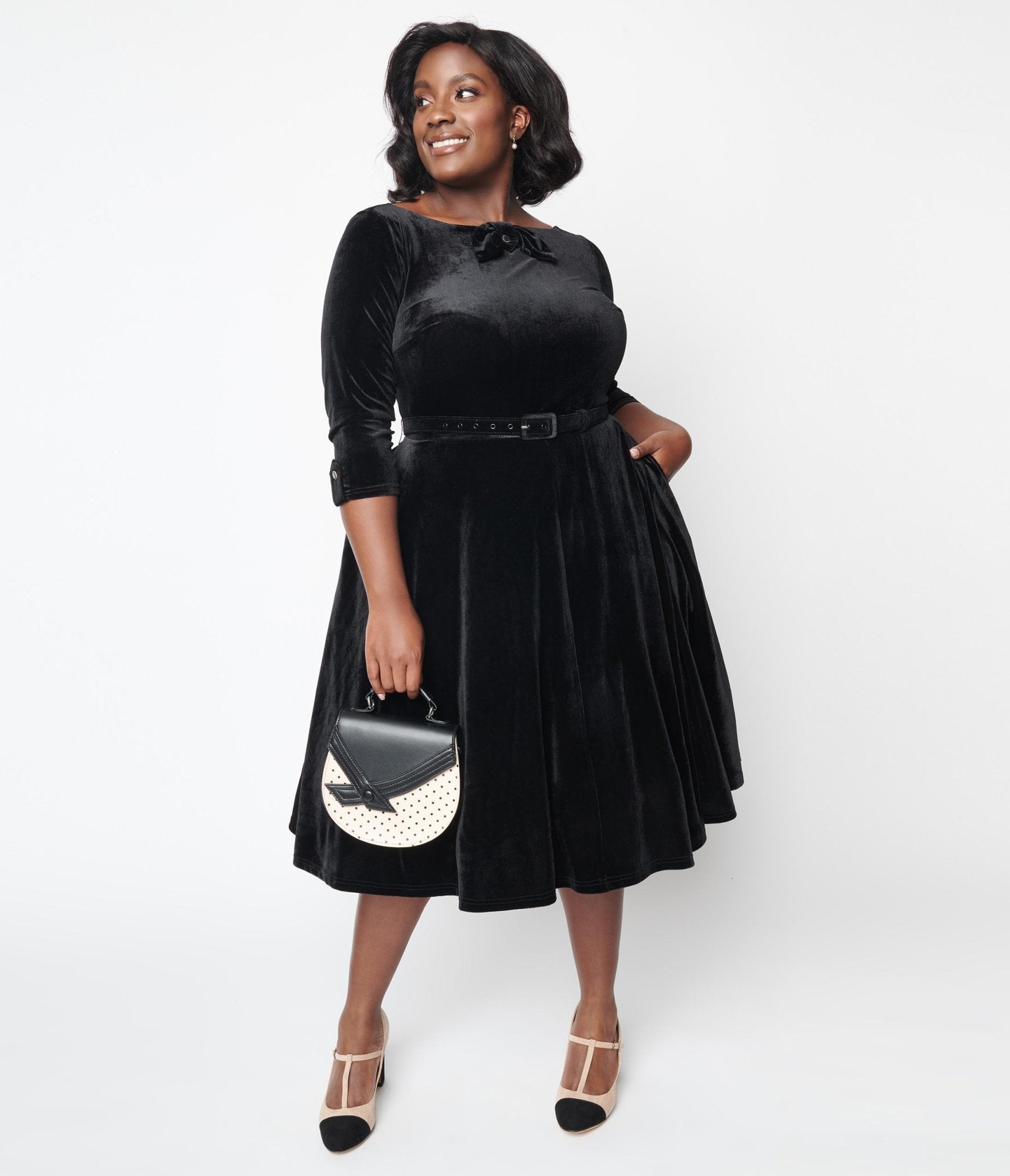 Vintage Black Velvet Swing Dress with Faux Bow - Elegant Retro Devon Style for Parties, Weddings & Special Occasions
