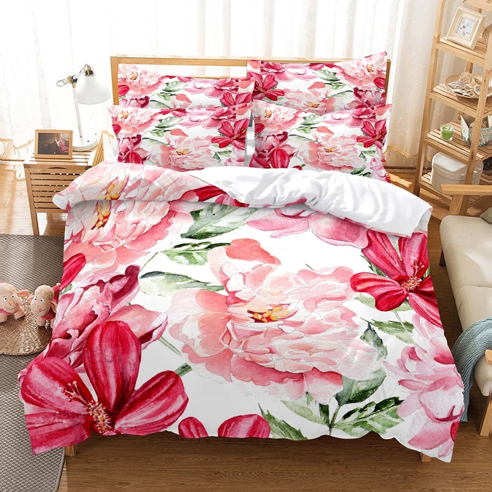 Queen Size Pink Floral Duvet Cover Set - 3 Piece Soft Brushed Microfiber (110g/㎡) with Zipper Closure, Includes 2 Pillow Shams (20×26 inches) - Breathable Bedding for Men & Women - Perfect for Master Bedroom, Guest Room & Cozy Home Decor