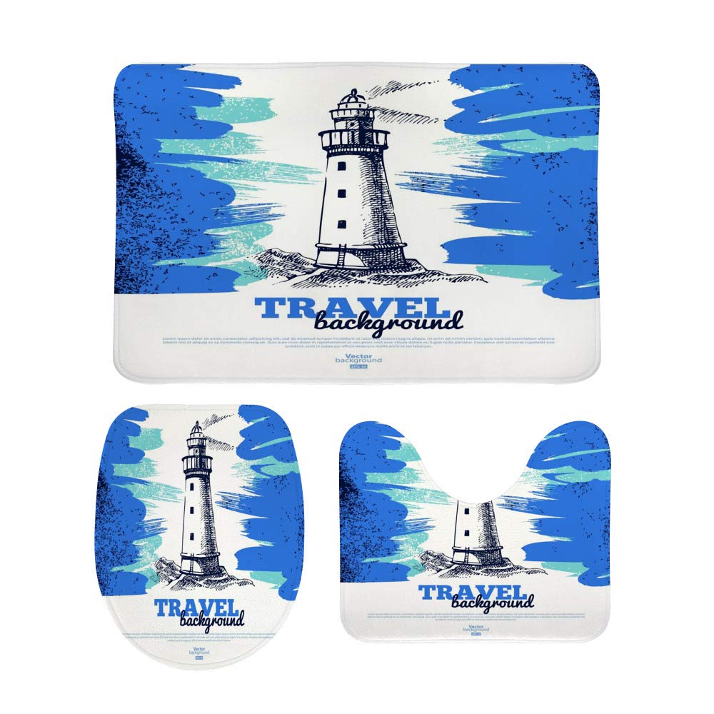 3-Piece Non-Slip Bathroom Rug Set - Soft Coral Fleece Toilet Mat, Contour Lid Cover & Shower Mat, Vintage Lighthouse Design for Bathroom Decor | Perfect for Home, Travel & Guest Bathrooms