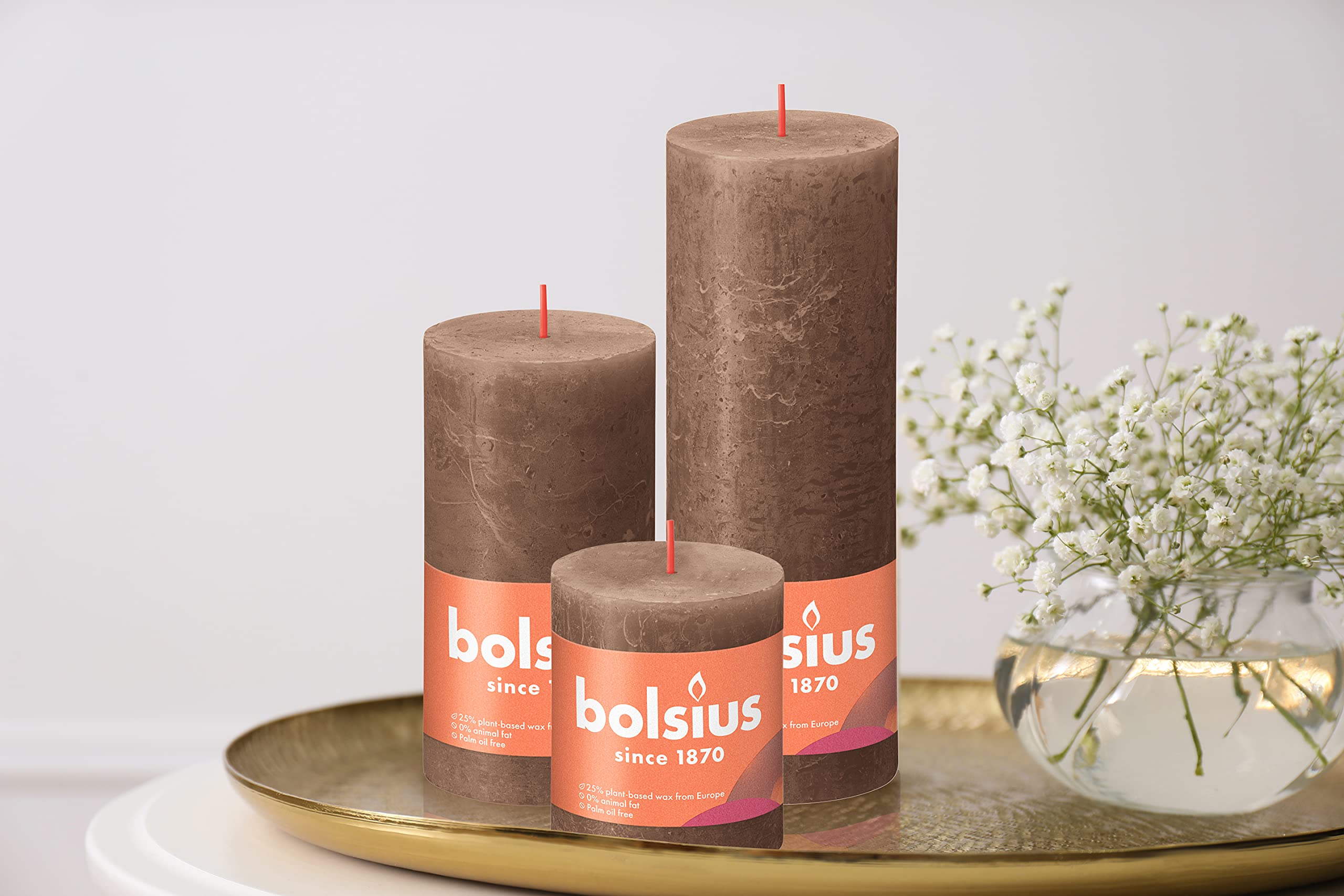 BOLSIUS 4 Pack Suede Brown Rustic Pillar Candles - 2.75