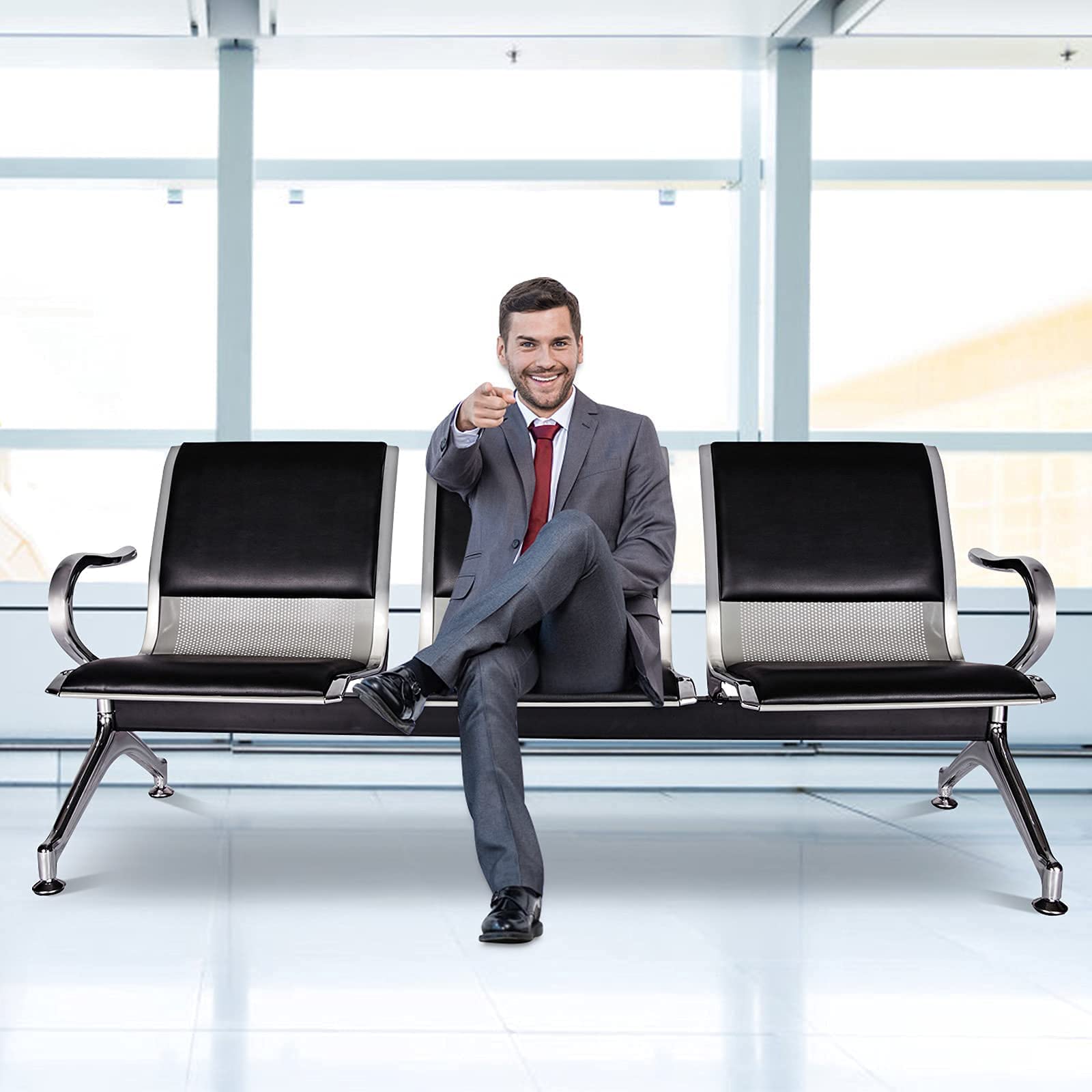Kinfant Waiting Room Chairs with Arms - Durable Reception Benches for Airport, Hospital, Bank, School & Lobby | Comfortable Guest Seating for High-Traffic Areas | Black