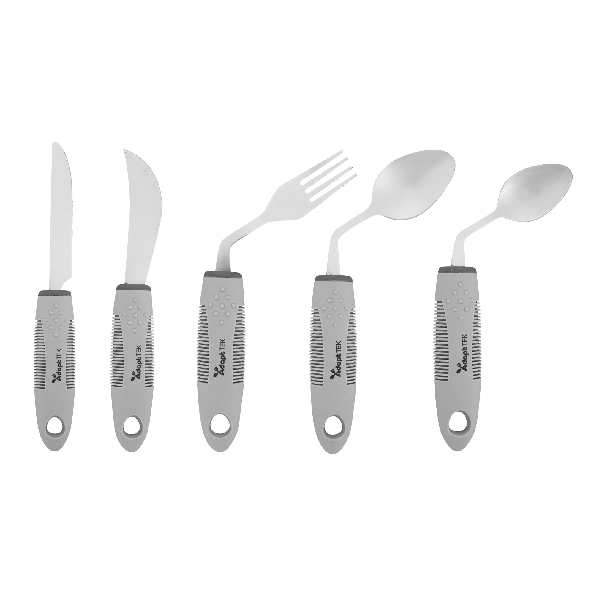 Adapt Tek Gray Stainless Steel 5-Piece Adaptive Offset Utensil Set for Left-Handed Users - Lightweight, Non-Slip Grip - Perfect for Arthritis & Limited Mobility - Kitchen & Dining Essentials (1 Count)