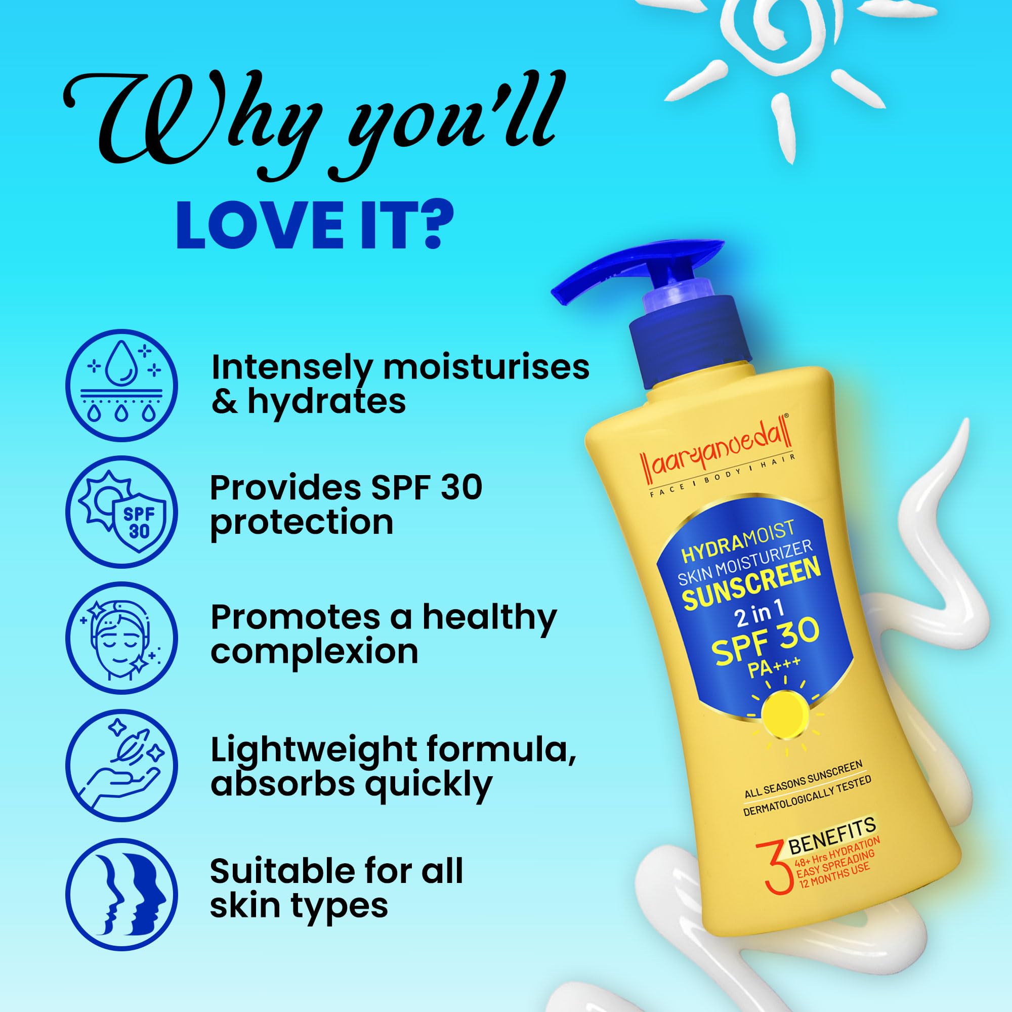 Aryanveda Herbals Haldi Chandan Bleach Cream 250g & Hydra Moist Face & Body Moisturizer SPF-30 200ml - Skin Brightening & Sun Protection for Glowing Complexion | Perfect for Daily Skincare & Sun Care Routine