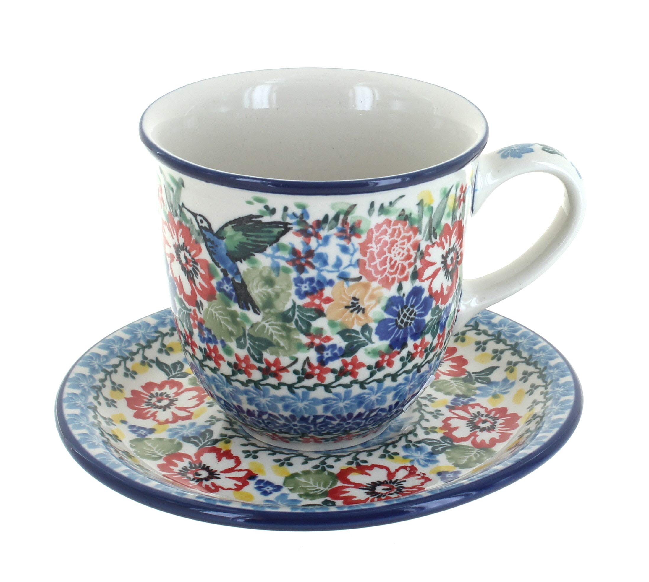 Blue Rose Polish Pottery Hummingbird Coffee Mug & Saucer Set - Handcrafted Ceramic Tea Cup for Home, Office, and Gift Giving