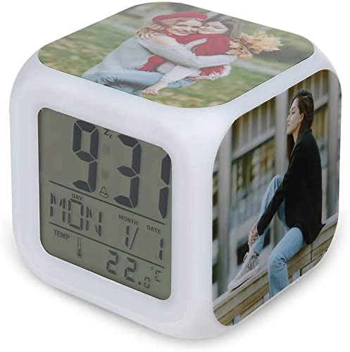 Personalized LED Digital Alarm Clock with Photo Display - Custom Modern Cube Desk Clock Shows Time & Temperature - Perfect Gift for Kids, Friends, Family - Ideal for Bedroom, Home, Dorm Decor & Travel Accessories