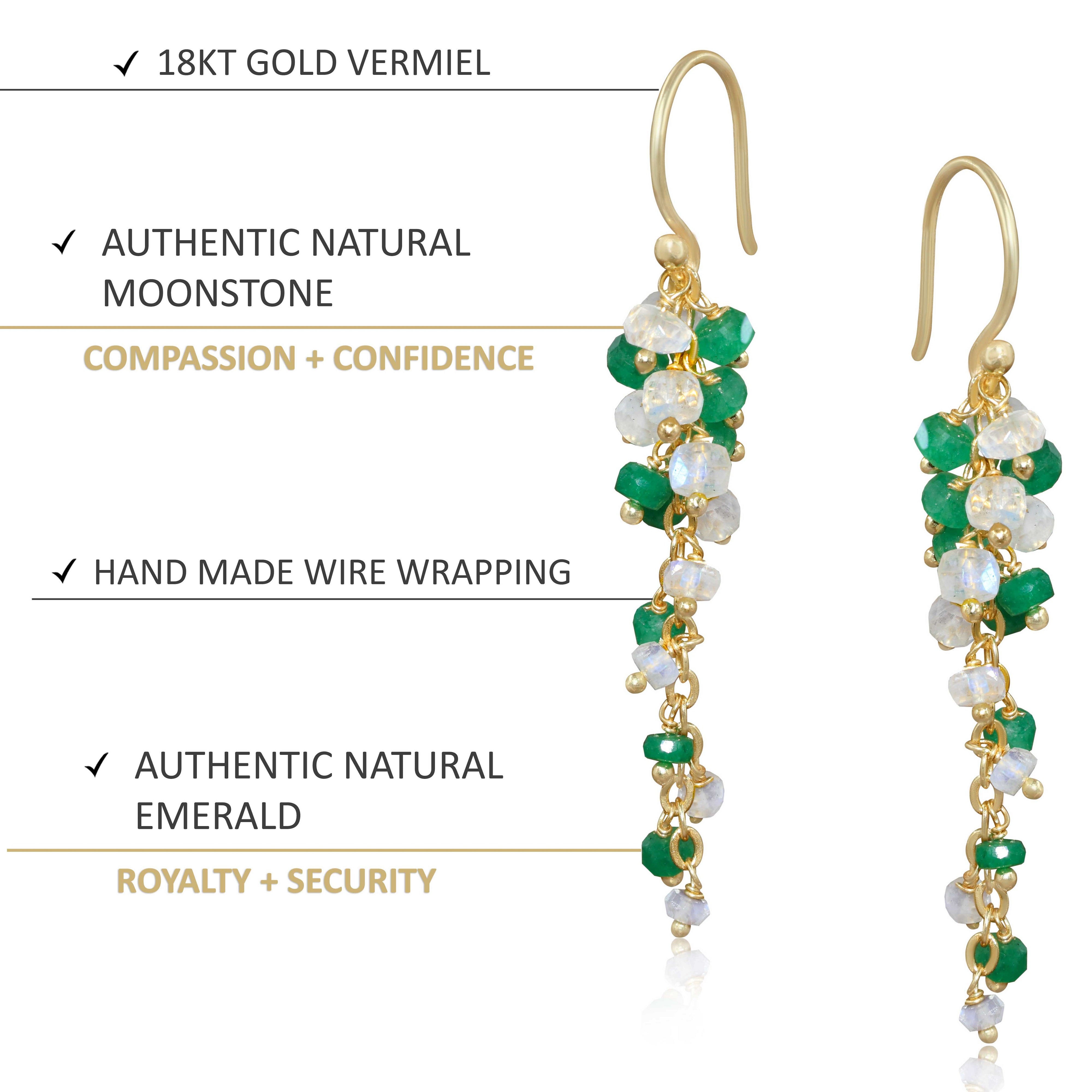 Natural Emerald and Moonstone Beaded Long Cluster Dangle Earrings for Women | Boho Chic Jewelry | Handmade Gemstone Earrings for Party, Wedding & Special Occasions