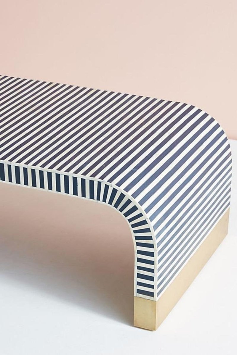 Handmade Bone Inlay Coffee Table - Elegant Flowery Pattern Long Wooden Coffee Table for Living Room, Modern Home Decor Centerpiece