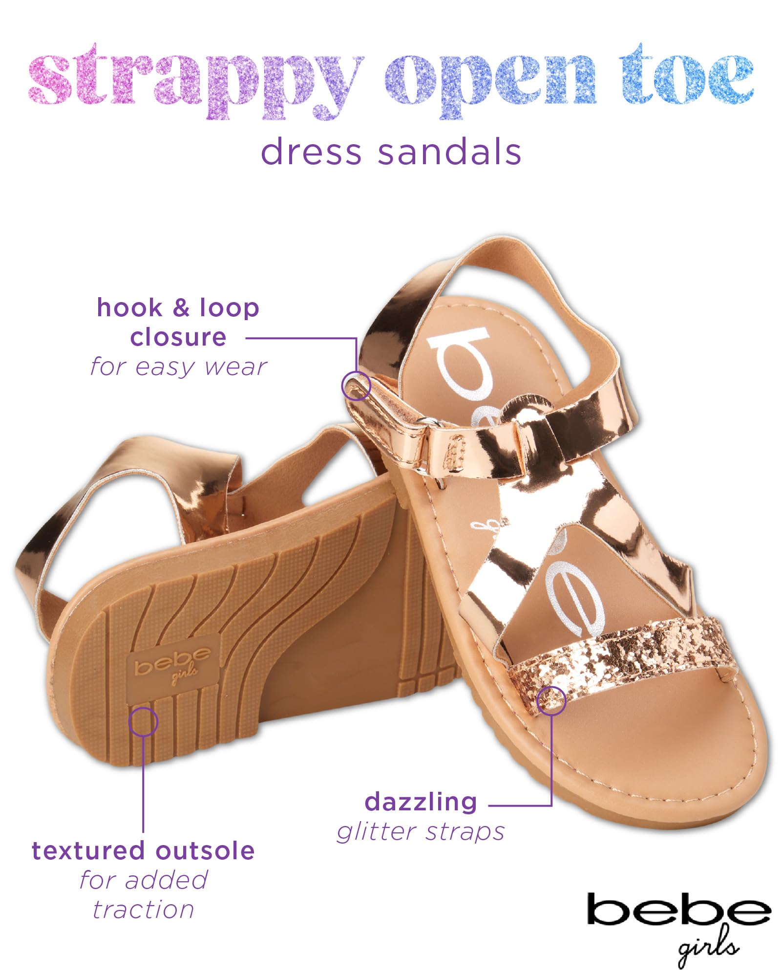 Bebe Girls' Sandals - Strappy Open Toe Leatherette Toddler Sandals with Glitter Hook & Loop Closure | Comfortable & Stylish Toddler Girl Shoes for Summer, Beach & Playtime