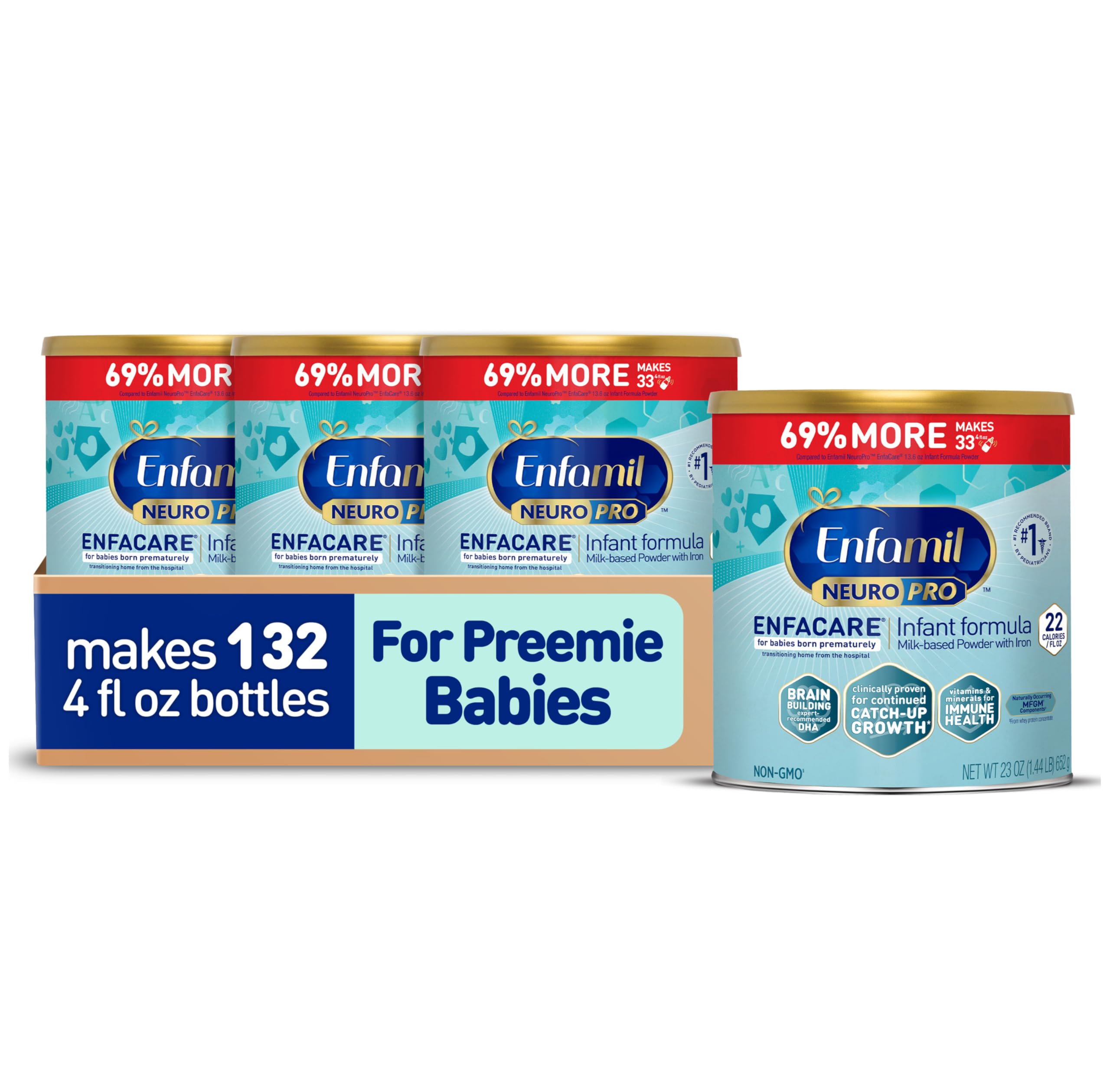 Enfamil NeuroPro EnfaCare High Calorie Premature Baby Formula - Iron Fortified Milk-Based Powder with DHA for Brain Development | Easy Digest Proteins, Vitamins & Minerals for Immune Support | 23 Oz Can (Pack of 4) | Ideal for Preterm Infants & NICU Graduates