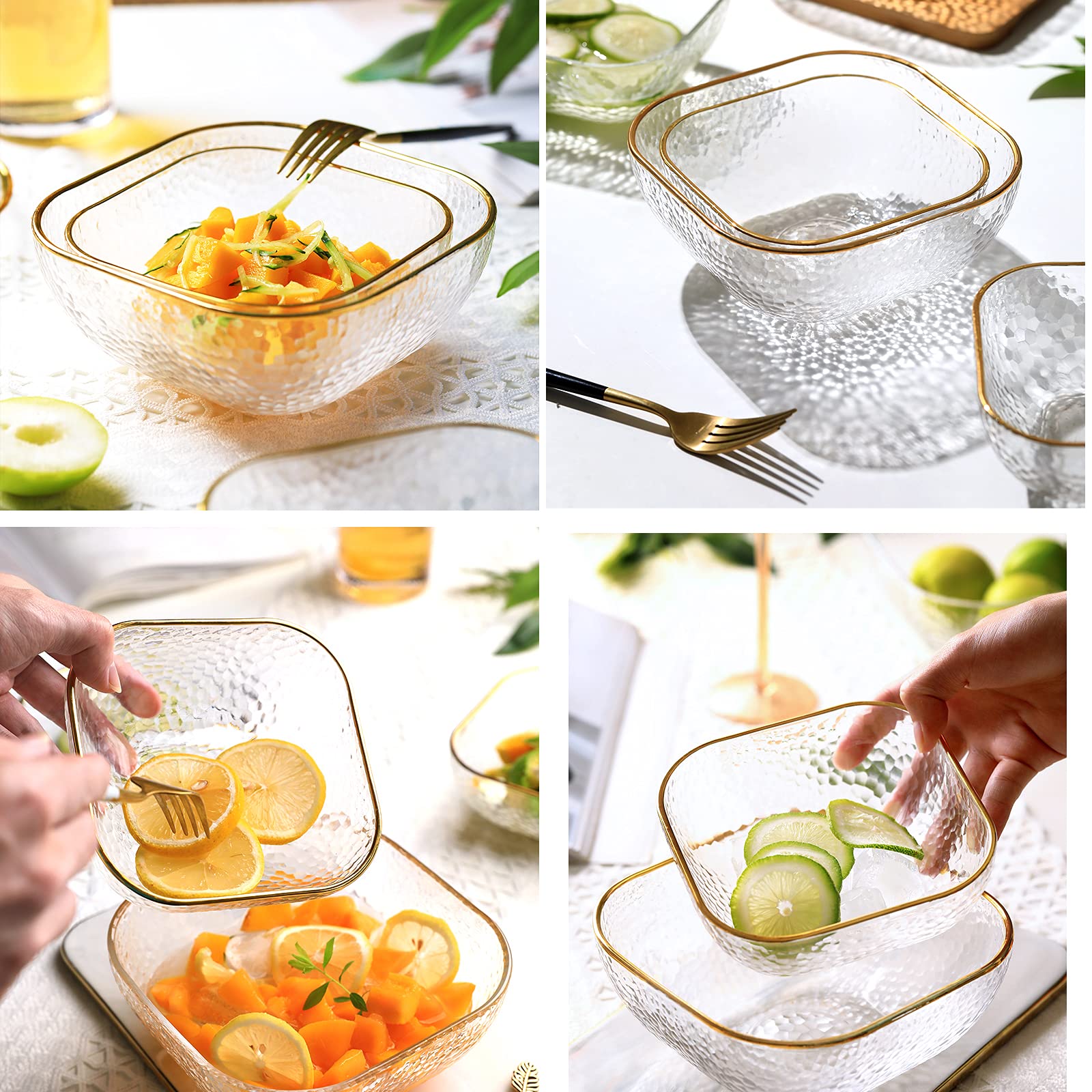 TOSSOW 2-Piece Square Glass Mixing Bowl Set - Transparent Serving Bowls for Salad, Fruit, Snacks, Sauces & Popcorn | Perfect for Kitchen Prep, Entertaining & Family Meals