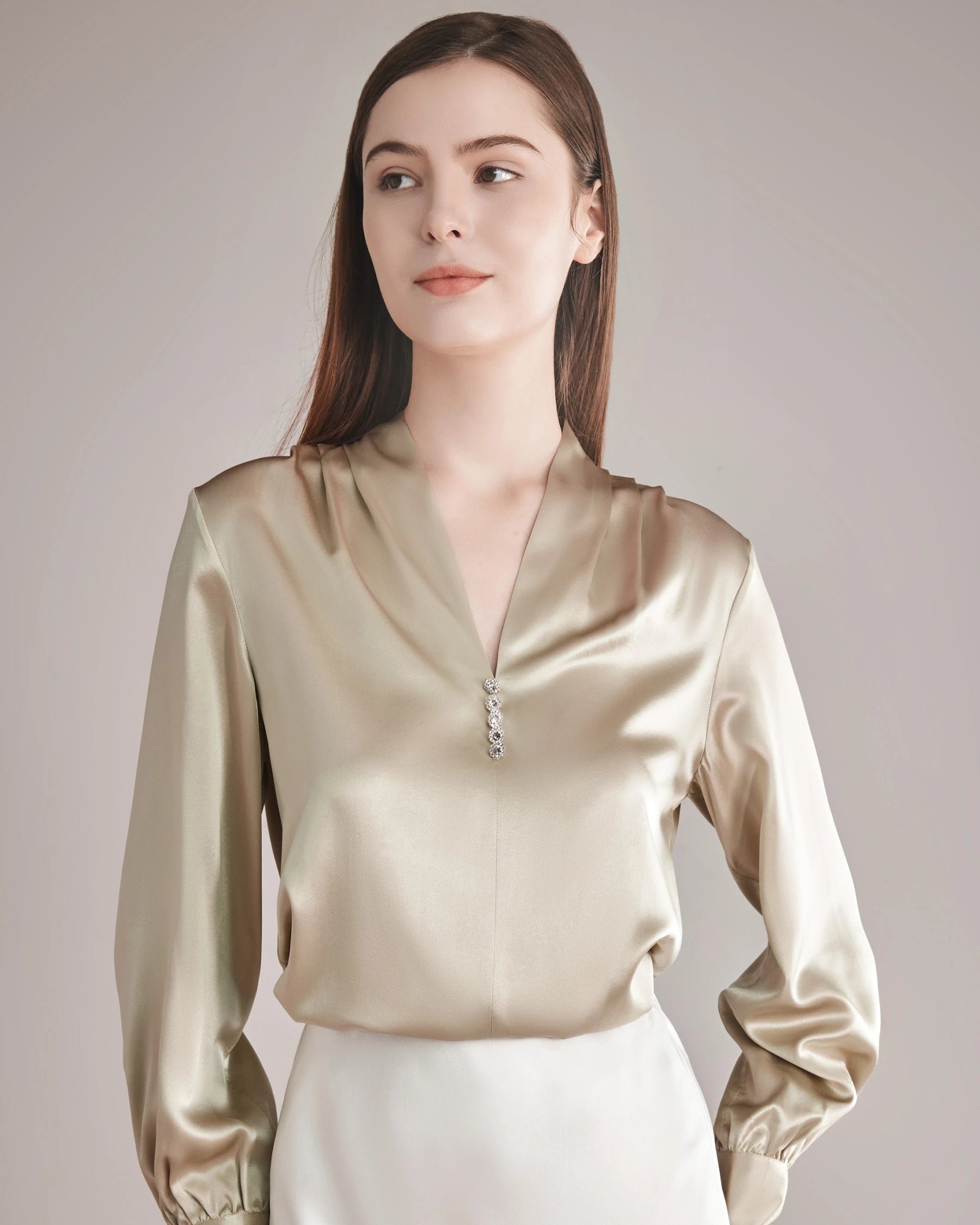 Elegant Women's Rhinestone Buttons Silk Blouse - Formal & Party Wear for Office, Dinner & Special Occasions
