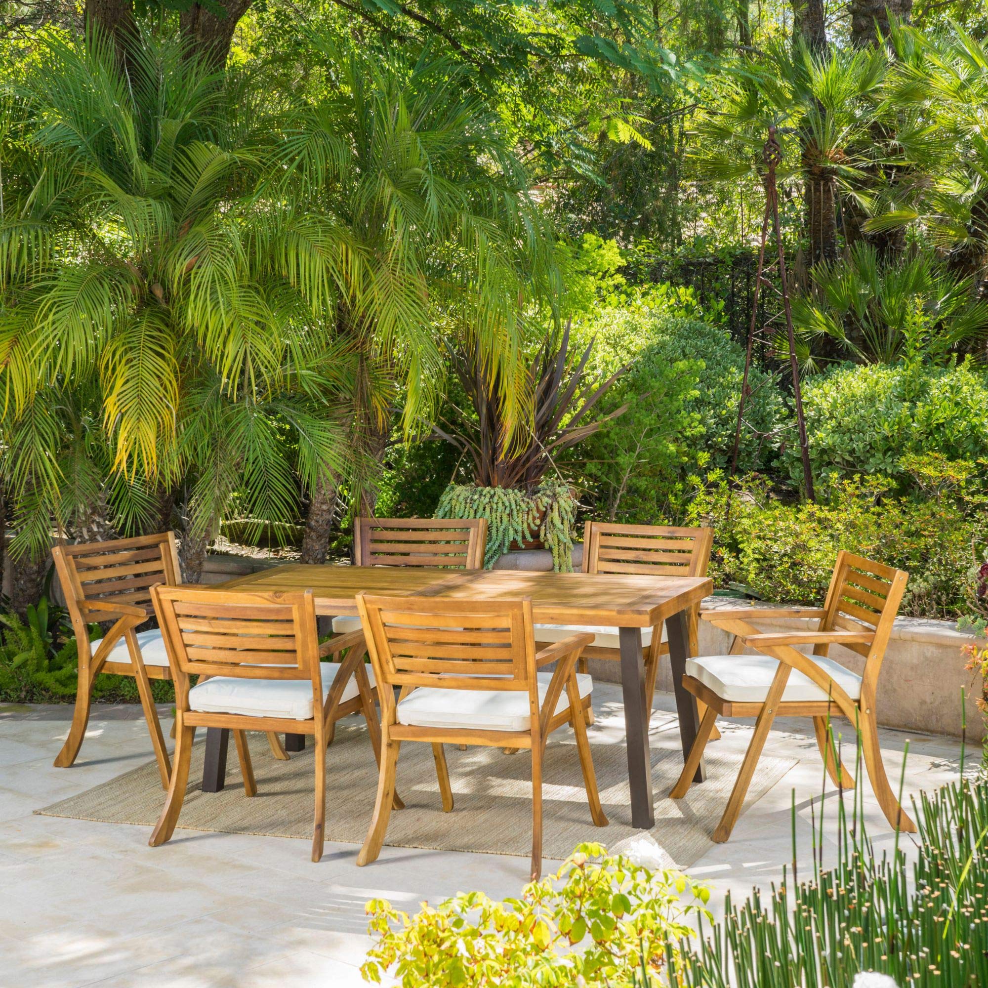 7-Piece Tawny Brown Modern Outdoor Patio Dining Set with White Cushions - Waterproof Wicker Furniture for Backyard, Garden, Poolside & Deck (Table + 6 Chairs) - Perfect for Entertaining & Relaxing Outdoors