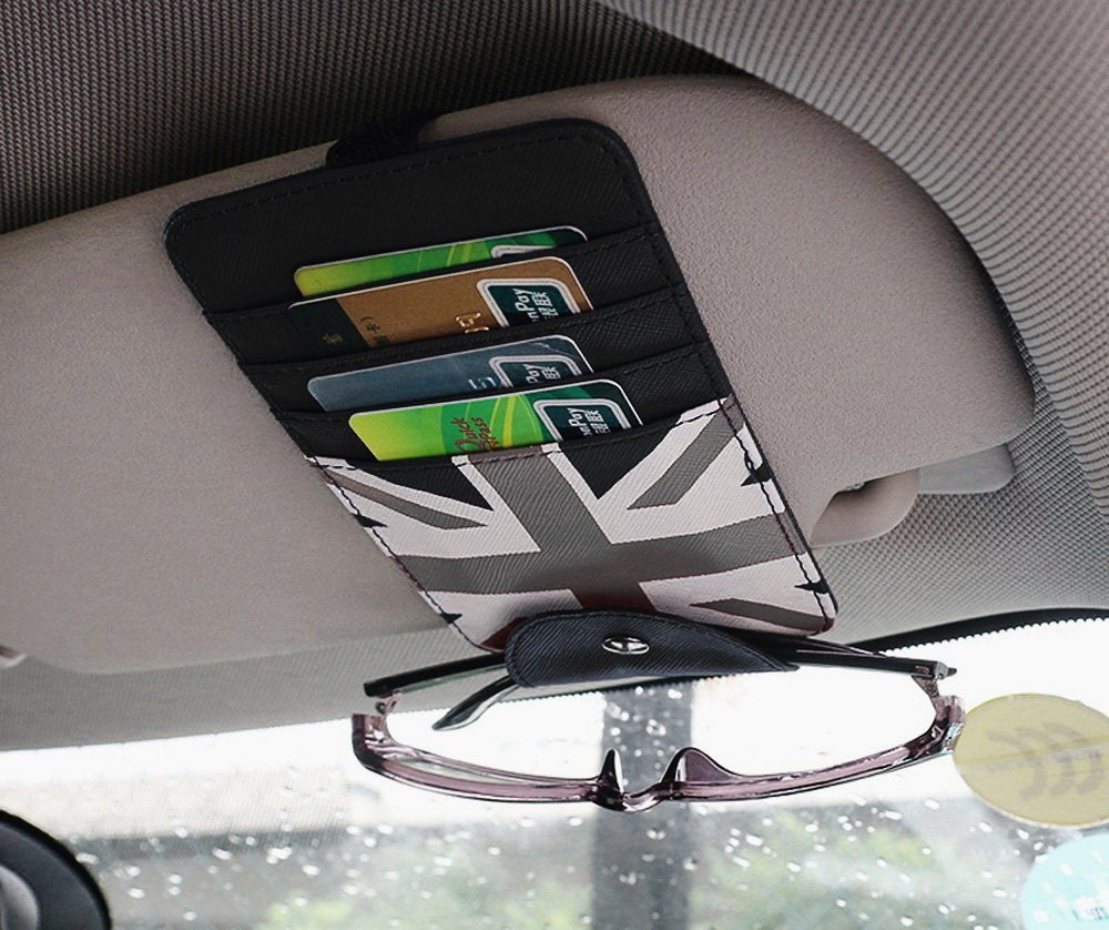 Black & Grey Union Jack UK Flag Sun Visor Organizer - Car Visor Card Holder for Credit Cards, IDs & Cash - Perfect for Road Trips & Daily Commutes