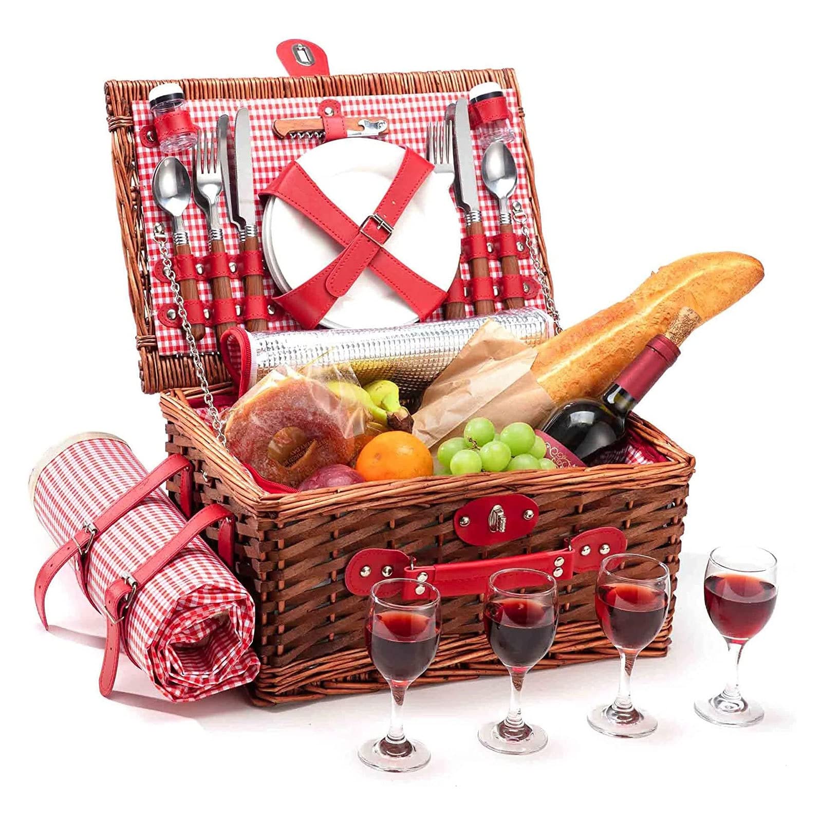 Premium Wicker Picnic Basket Set for 4 - Large Willow Hamper with Insulated Cooler, Waterproof Blanket & Cutlery Kit | Perfect for Camping, Beach, Romantic Picnics & Outdoor Adventures | Ideal for Family Gatherings, Park Dates, Holiday Getaways | Great for Picnics, BBQs, Tailgating & Beach Parties