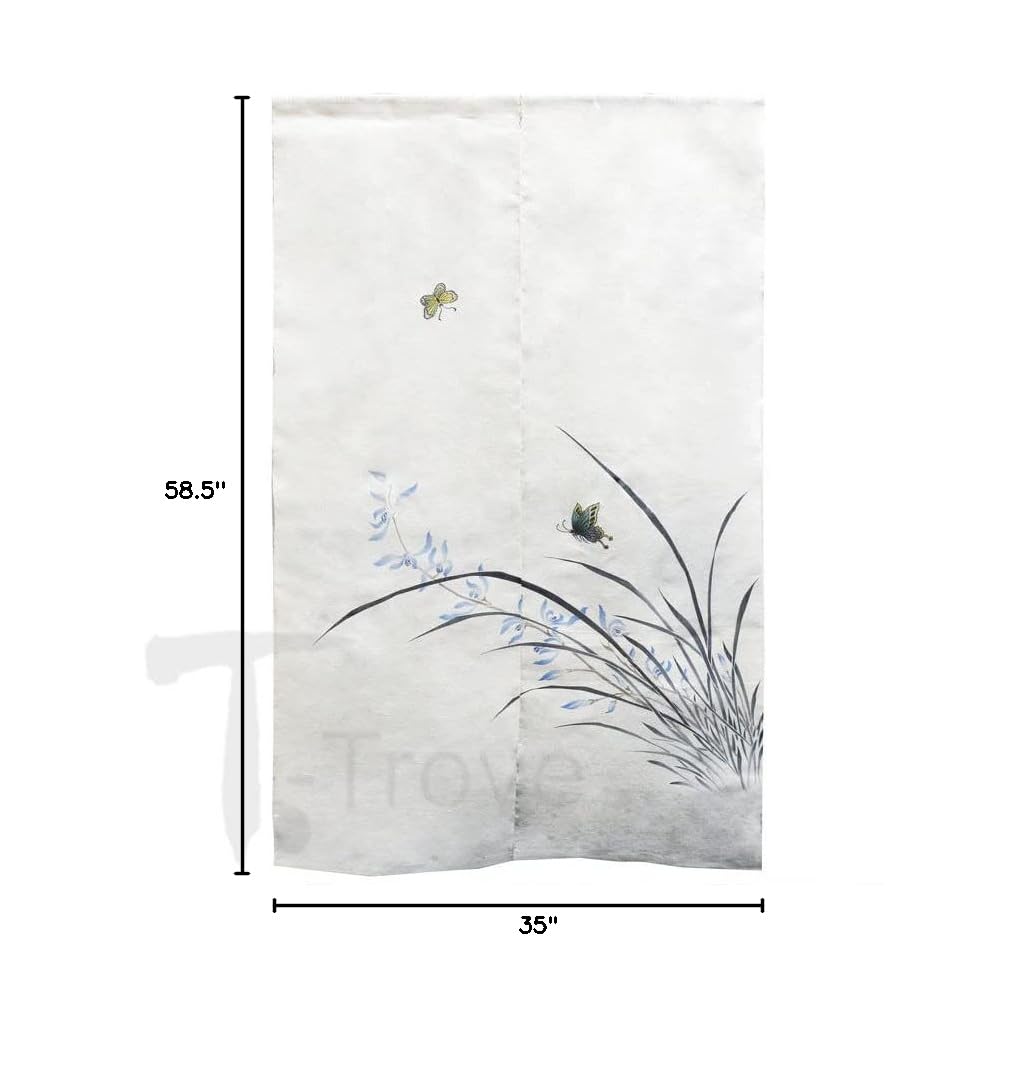 Elegant Orchid & Butterfly Linen Noren Curtain - Japanese Style Room Divider for Home Decor, Bedroom, Living Room & Entryway
