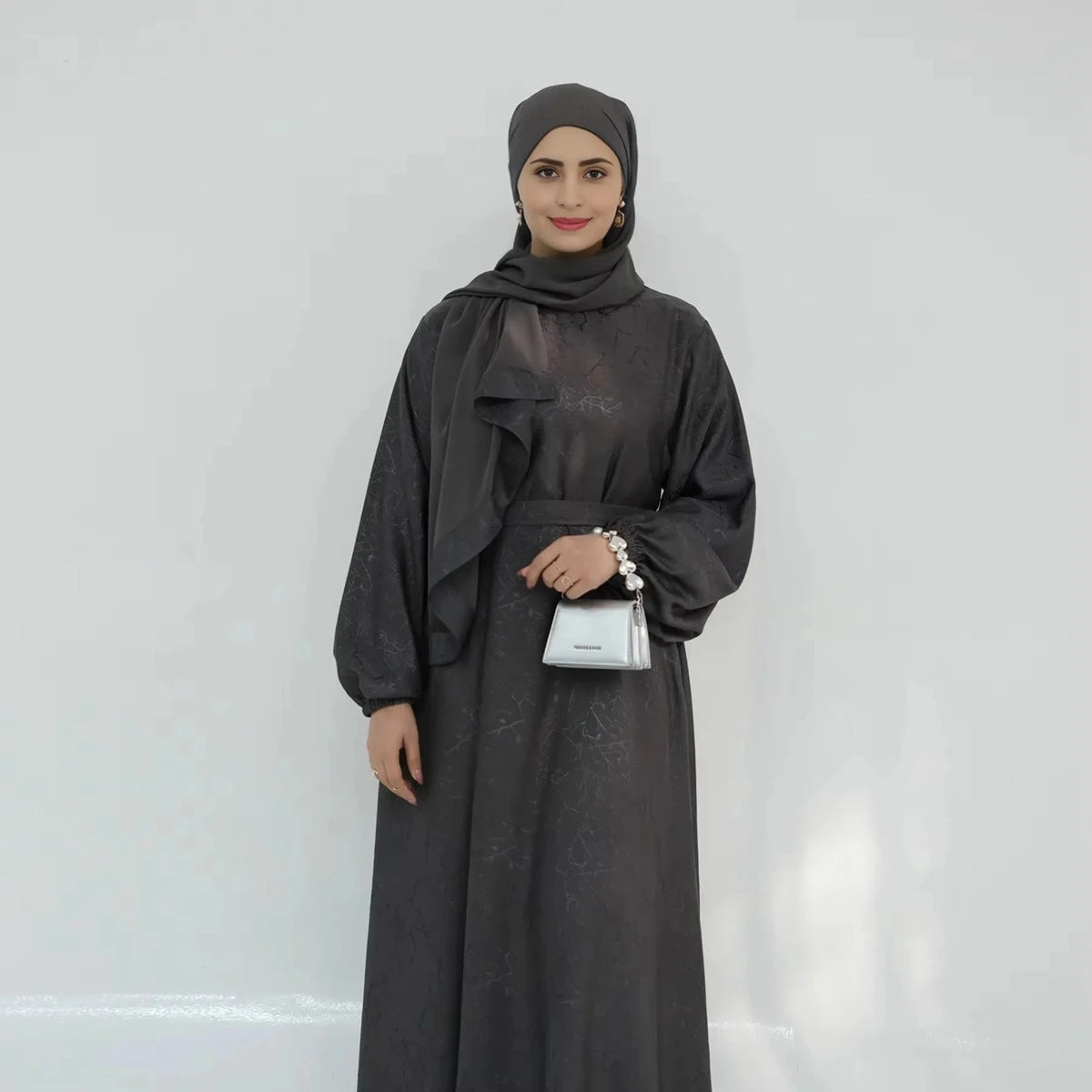 Elegant 3D Jacquard Satin Abaya Dress #24009 - Modest Islamic Women's Prayer Dress for Special Occasions & Evening Events