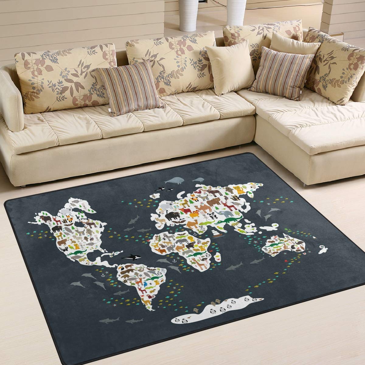 ALAZA Kids Cartoon Animal World Map Non-Slip Area Rug - Soft Play Mat for Nursery, Bedroom & Living Room Floor Decor - Perfect for Playrooms, Daycares and Children's Bedrooms