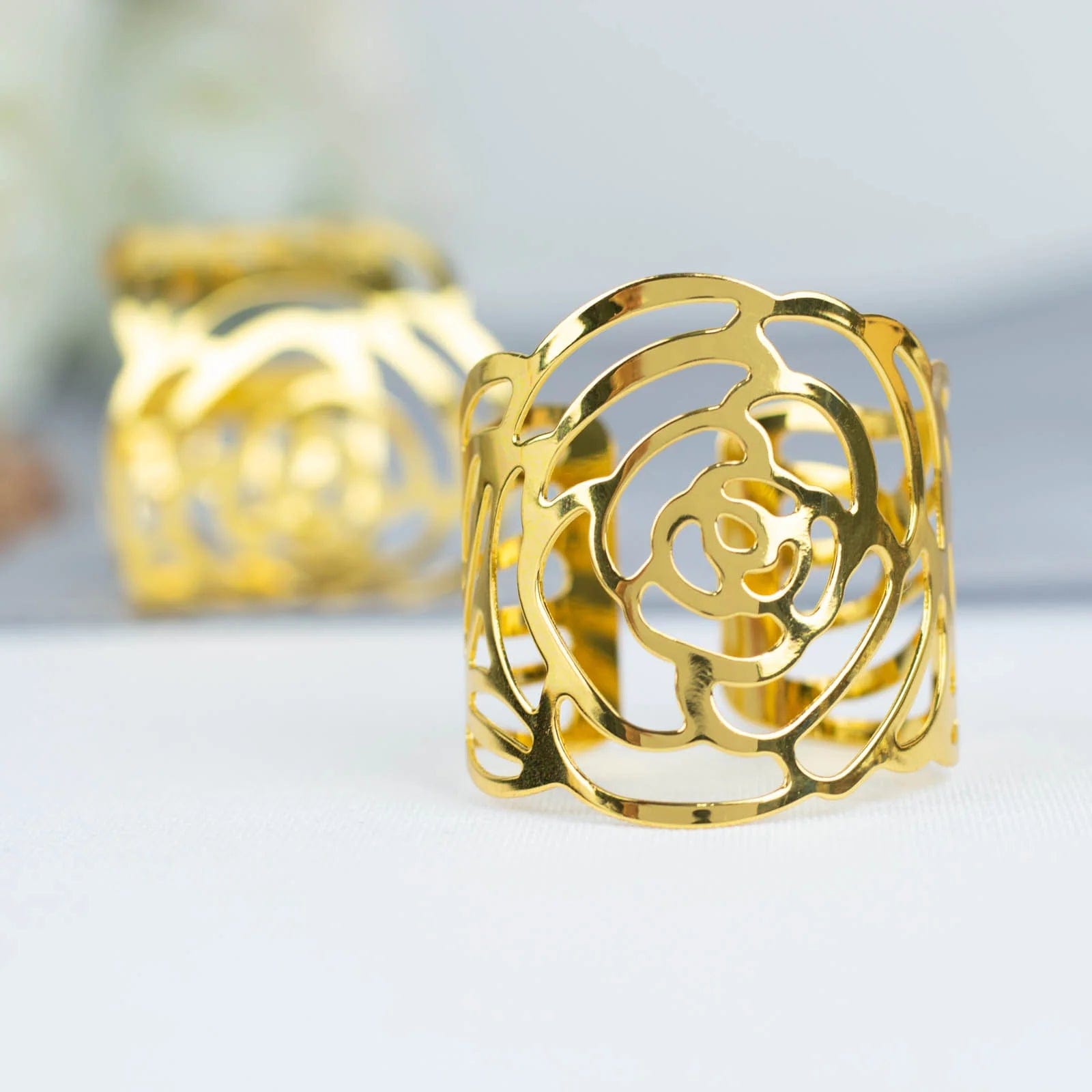 4 Pack Laser Cut Rose Flower Design Decorative Metal Napkin Rings - Gold for Wedding, Party, and Holiday Table Decor