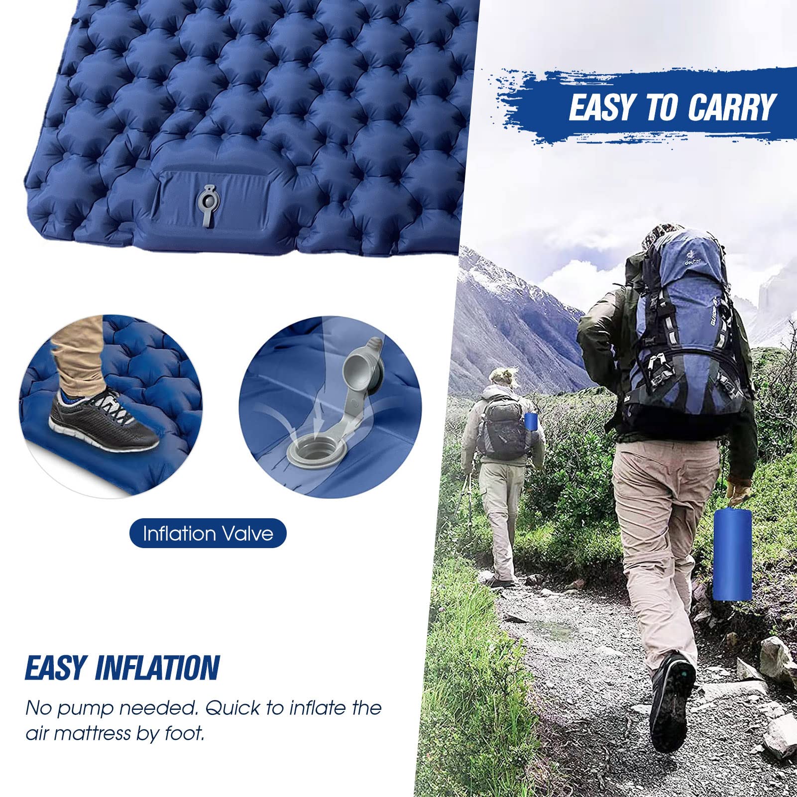 2 Person Camping Sleeping Pad with Air Pillow - Portable Inflatable Air Mattress for Backpacking, Hiking & Outdoor Adventures - Waterproof & Lightweight for Tent Camping