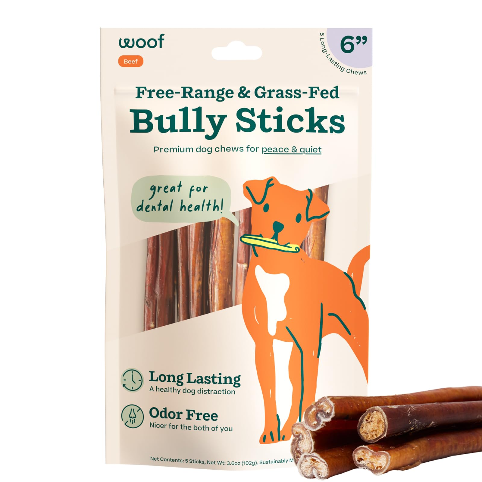 WOOF Bully Sticks Dog Treats - Natural Long-Lasting Chew Sticks for Dogs, Free-Range Grass-Fed Beef, 6 Inch (5 Pack) - Perfect for Teething Puppies, Aggressive Chewers & Dental Health