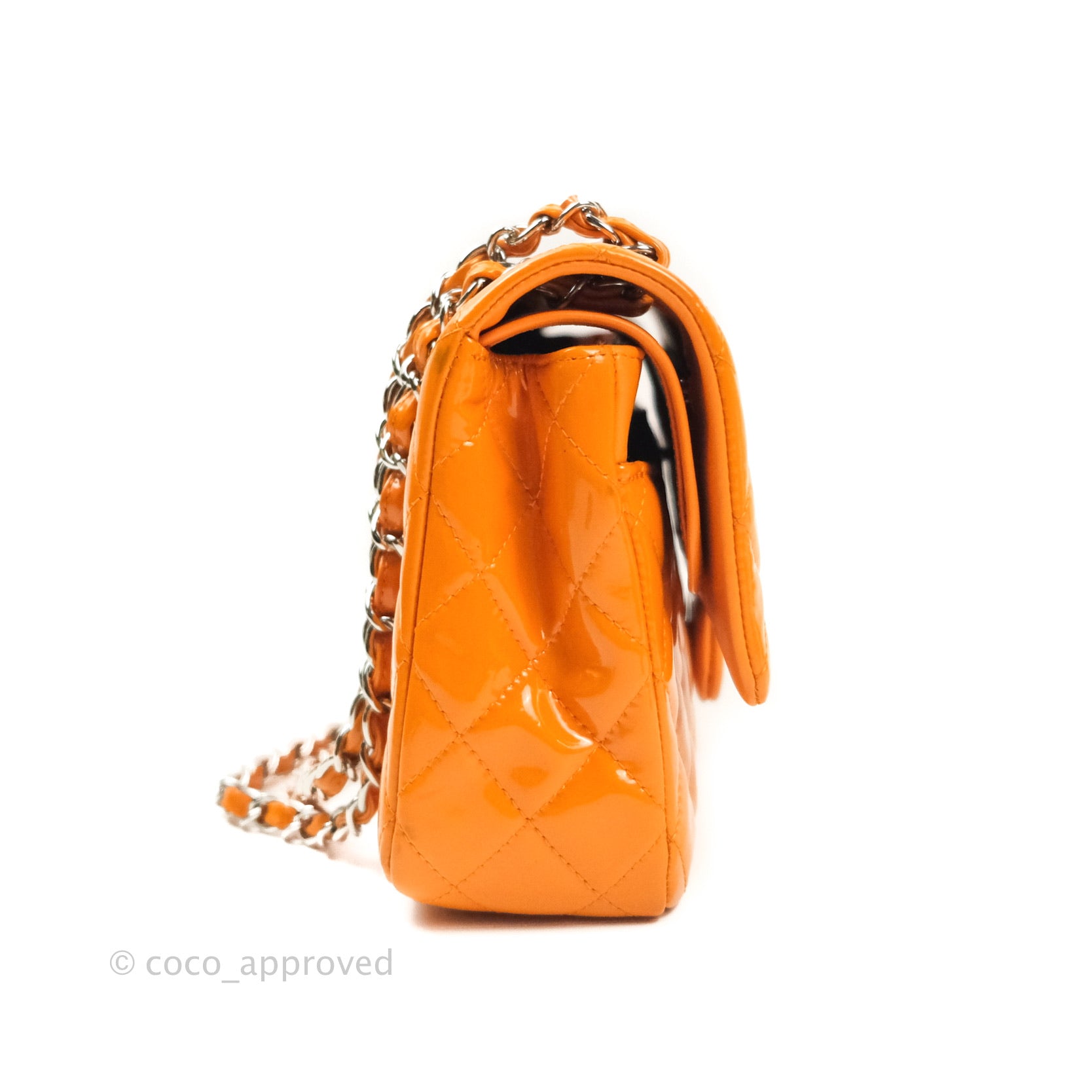 Chanel Classic M/L Medium Double Flap Bag in Orange Patent Leather with Silver Hardware - Perfect for Evening Events & Luxury Fashion Accessories