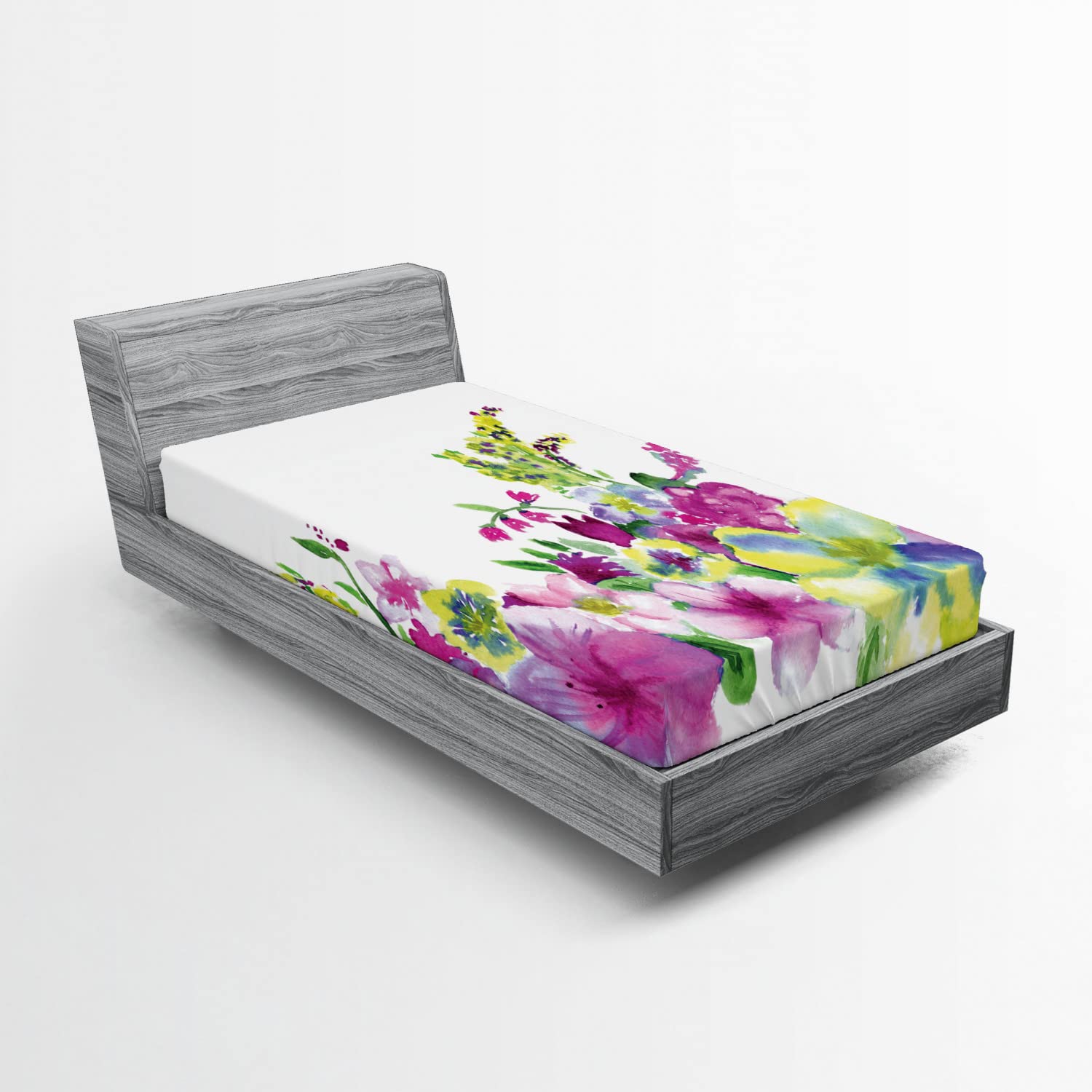 Ambesonne Watercolor Flower Fitted Sheet - Twin Size Pink Green Abstract Floral Bedding with Deep Pocket Elastic, Soft Hybrid Garden Floret Design for Comfortable Sleep | Perfect for Guest Rooms, Dormitories & Cozy Bedroom Decor