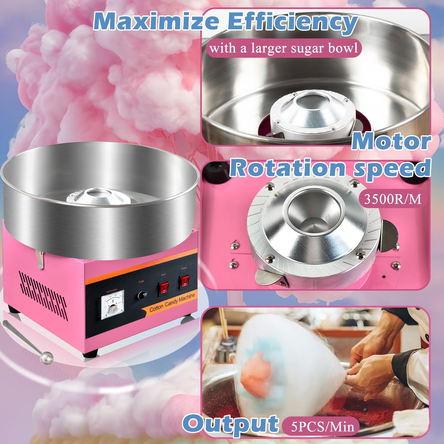 Commercial Cotton Candy Machine 1000W - Stainless Steel Bowl, Sugar Scoop & Anti-Rust Coating - Perfect for Family Parties, Kids Birthdays & Carnival Events (Pink)