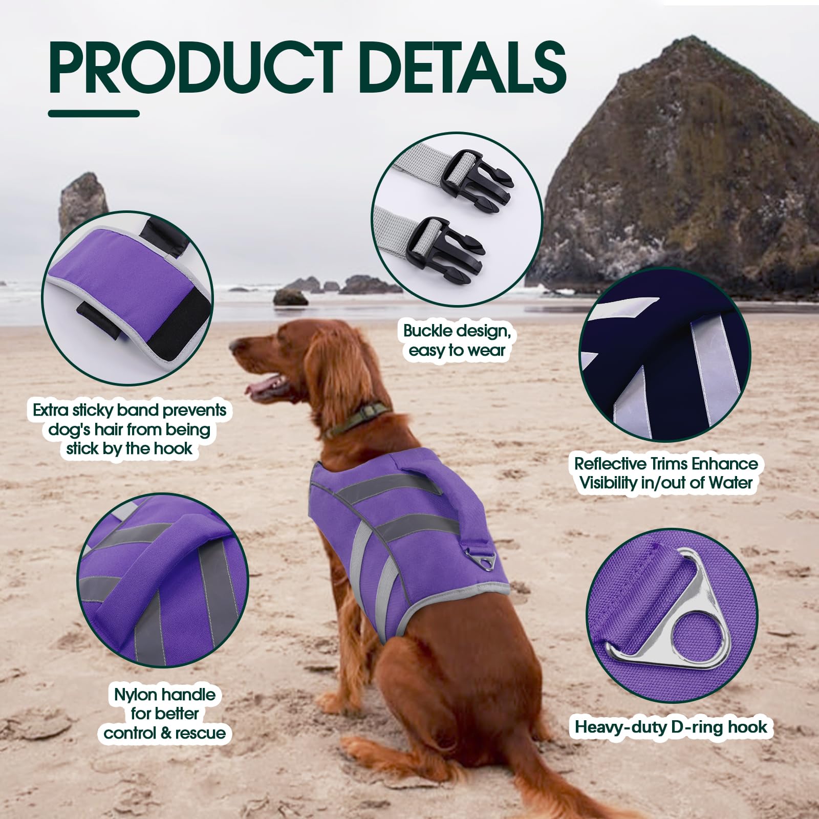 Kuoser Dog Life Jacket with Reflective Stripes & Adjustable Straps - High Visibility Ripstop Pet Life Vest for Small, Medium & Large Dogs - Perfect for Swimming, Boating & Water Safety