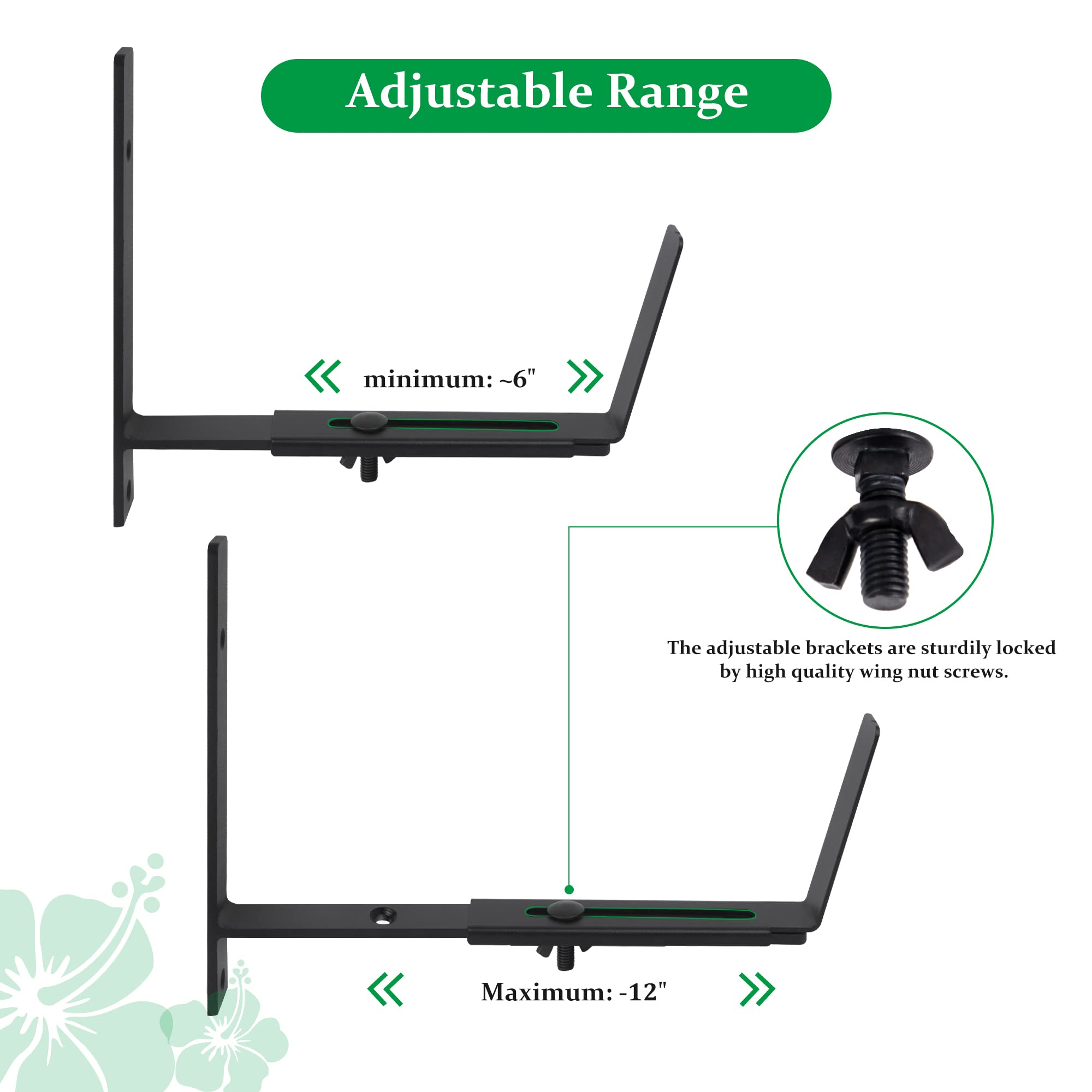 Heavy Duty Adjustable Window Planter Box Brackets 6 Pack - Black Wall Mount Flower Box Holder for 6-12 Inch Depth - Perfect for Balcony, Garden & Outdoor Decor