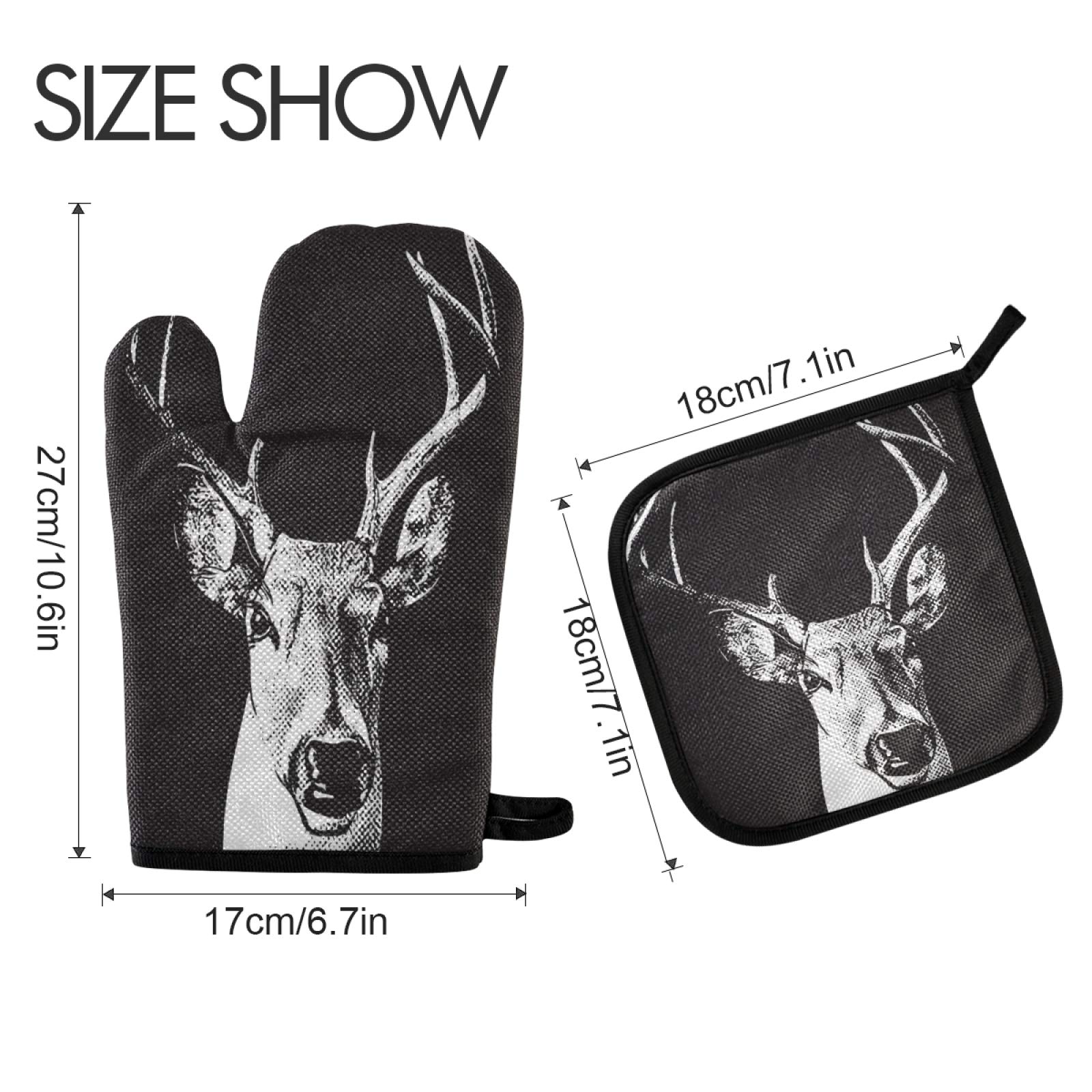 Heat Resistant Elk Art Quilted Oven Mitt & Pot Holder Set - Deer Painting Kitchen Gloves for Cooking, Baking, Grilling - Machine Washable Hot Pads for Christmas Gifts & Holiday Cooking