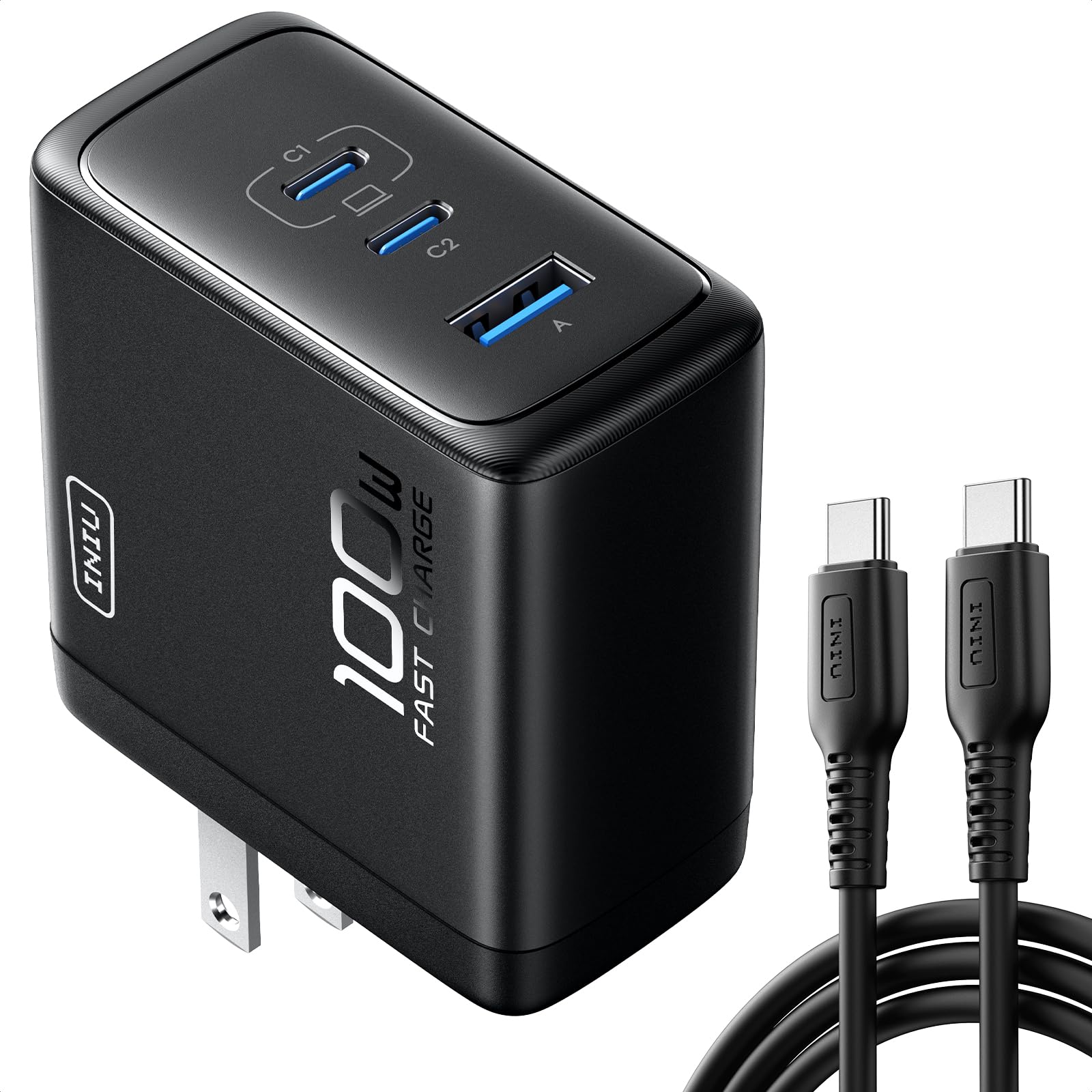 INIU 100W USB C GaN Fast Charger, 3-Port Compact Foldable Wall Charger for MacBook Pro/Air, iPad Pro, iPhone 15/Pro, Galaxy S23 - Perfect for Travel, Office & Home Charging Multiple Devices Simultaneously